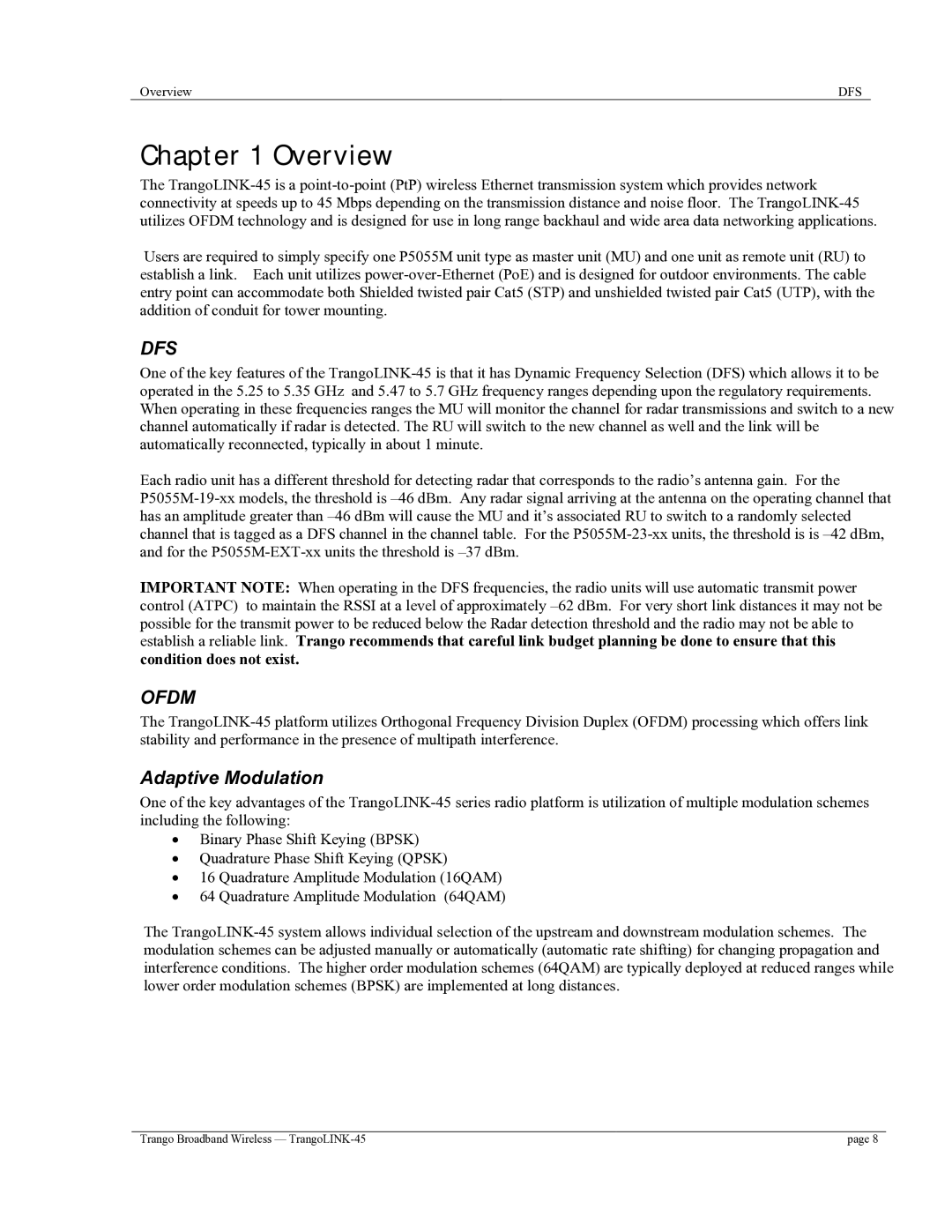 Trango Broadband TrangoLINK-45TM user manual Overview, Adaptive Modulation 