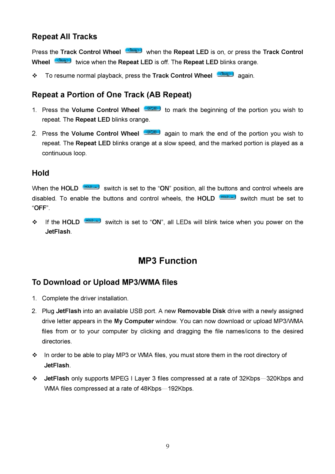 Transcend Information 128 user manual Repeat All Tracks, Repeat a Portion of One Track AB Repeat, Hold 