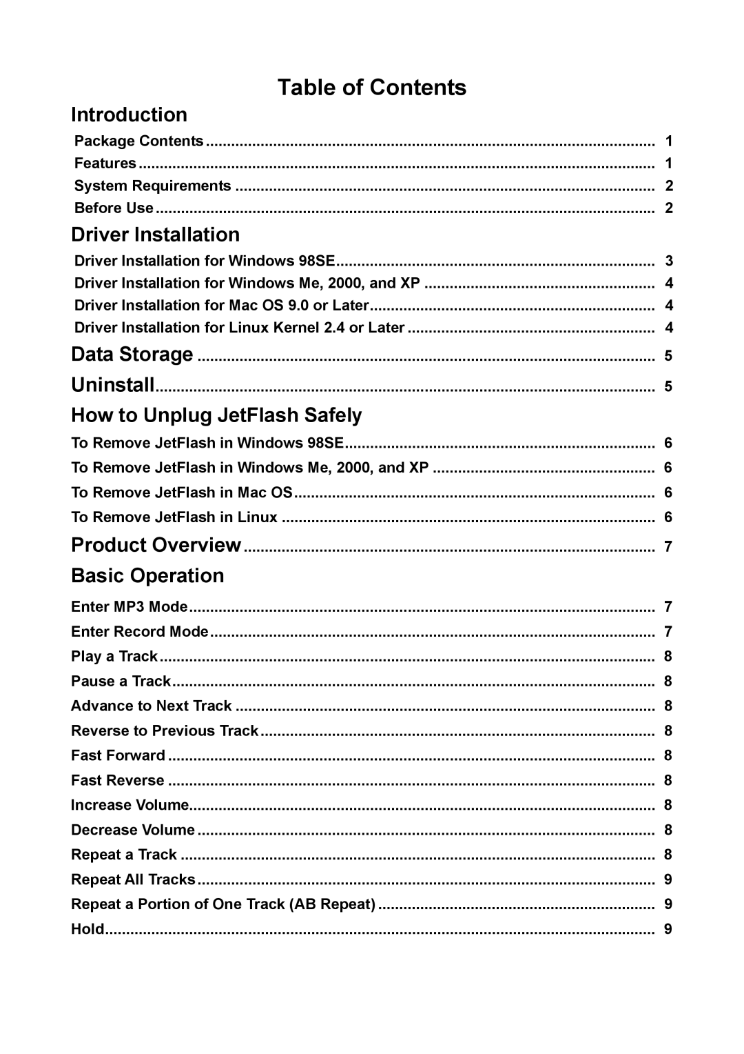 Transcend Information 128 user manual Table of Contents 