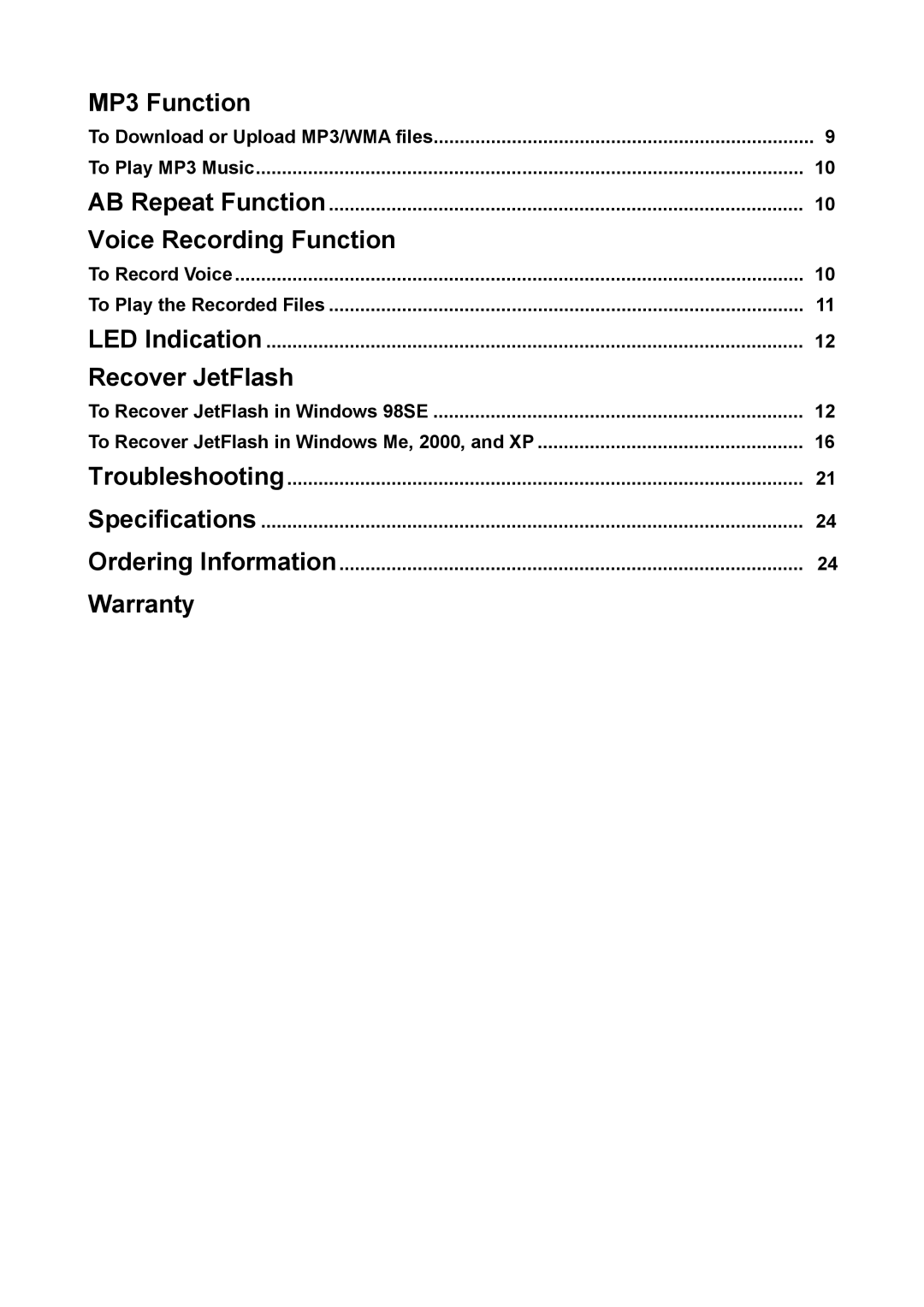 Transcend Information 128 user manual MP3 Function, Voice Recording Function, Recover JetFlash, Warranty 