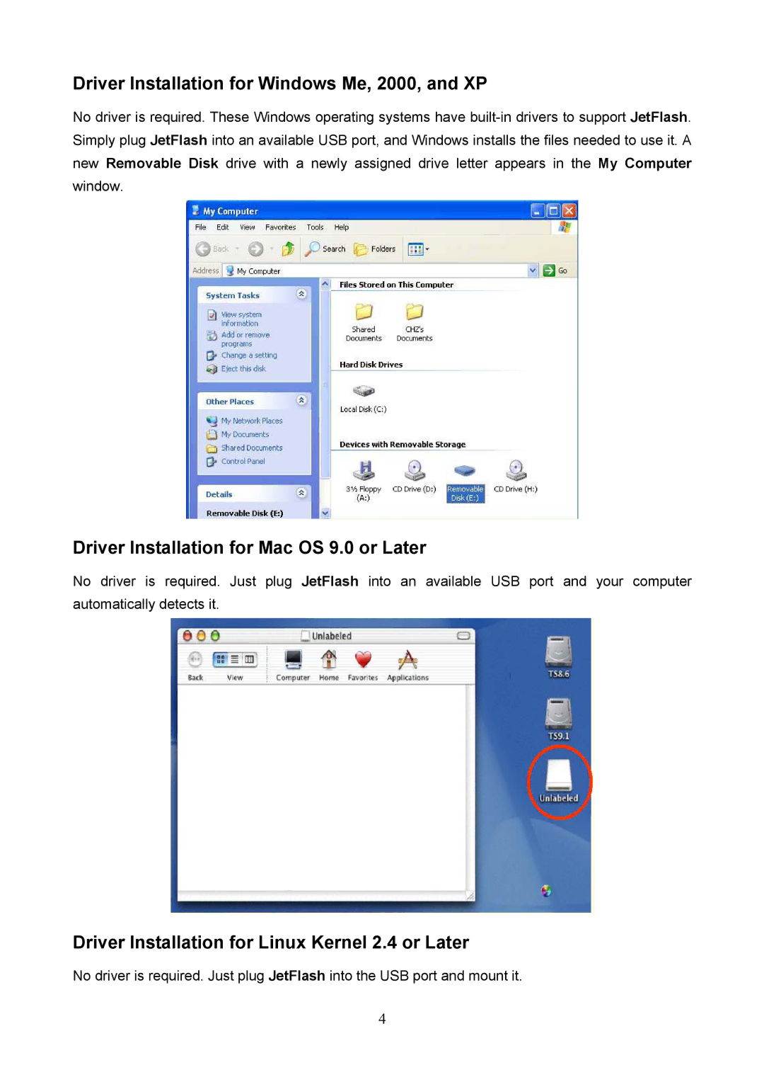 Transcend Information 128 Driver Installation for Windows Me, 2000, and XP, Driver Installation for Mac OS 9.0 or Later 