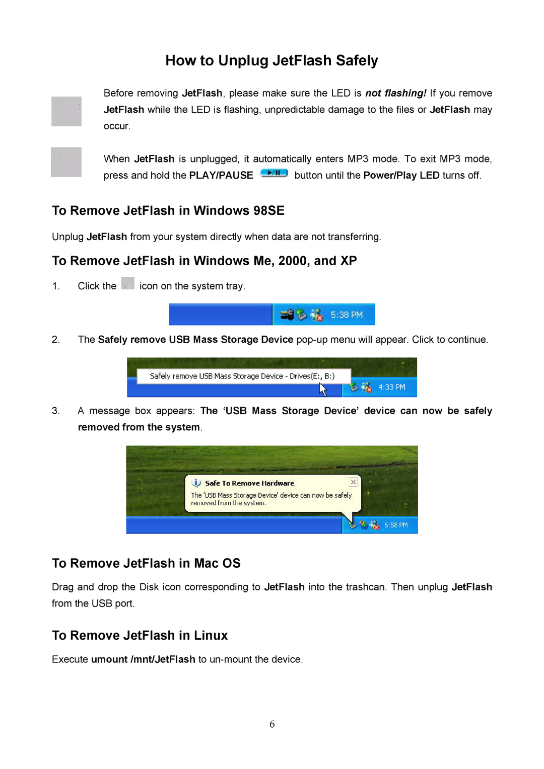 Transcend Information 128 user manual To Remove JetFlash in Windows 98SE, To Remove JetFlash in Windows Me, 2000, and XP 