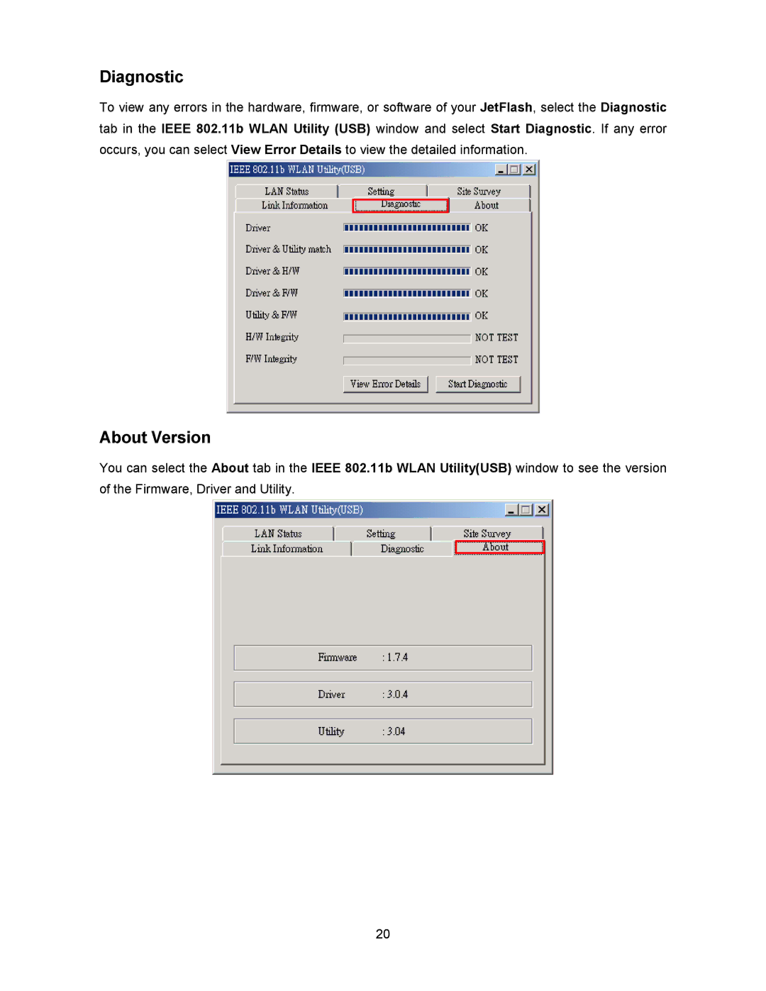 Transcend Information 128MB-256MB JetFlash user manual Diagnostic, About Version 