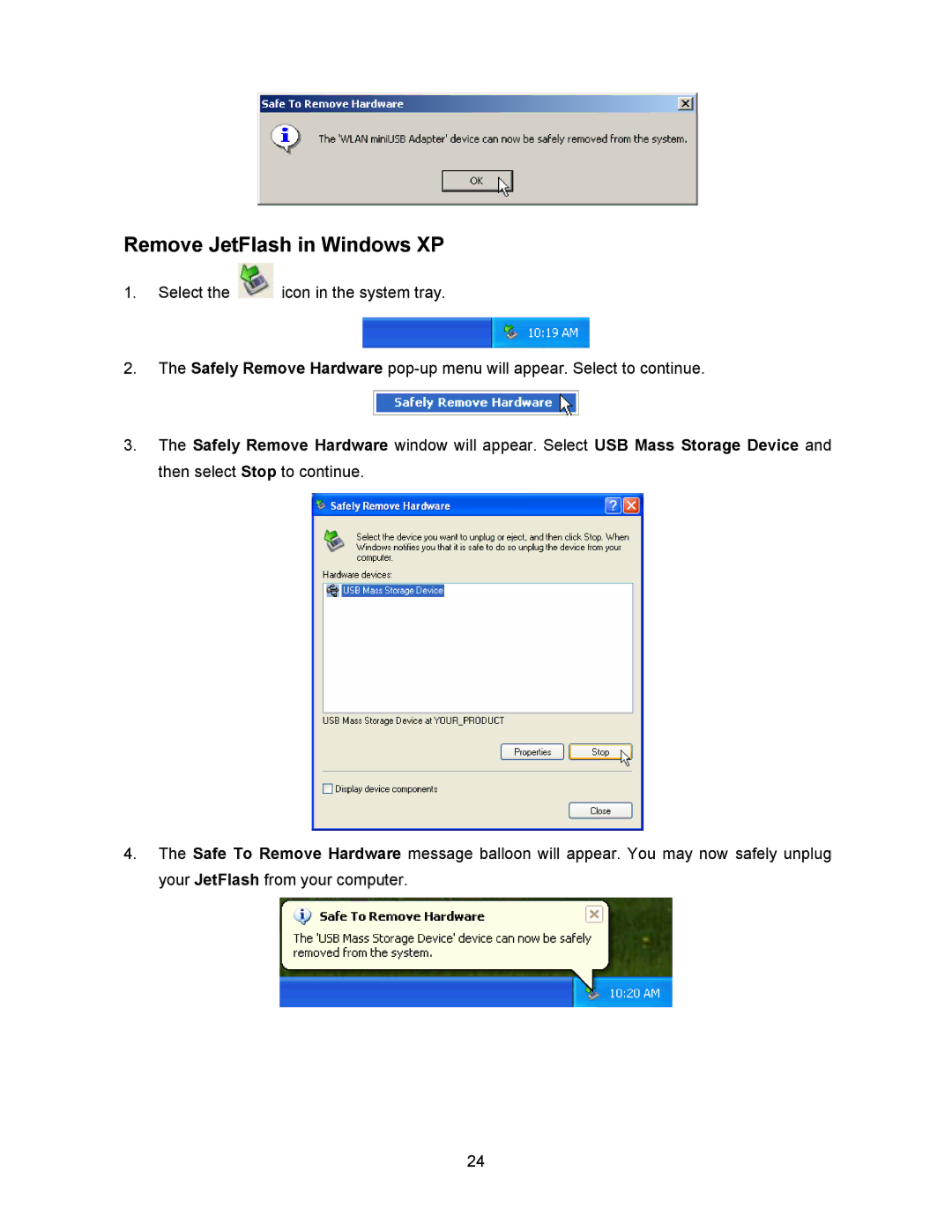 Transcend Information 128MB-256MB JetFlash user manual Remove JetFlash in Windows XP 