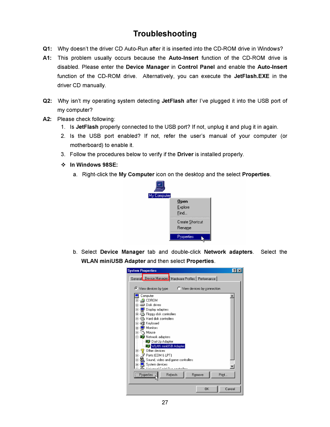 Transcend Information 128MB-256MB JetFlash user manual Troubleshooting, ™ In Windows 98SE 