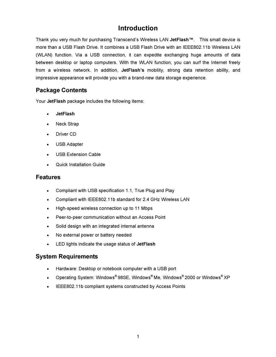 Transcend Information 128MB-256MB JetFlash user manual Package Contents, Features, System Requirements 