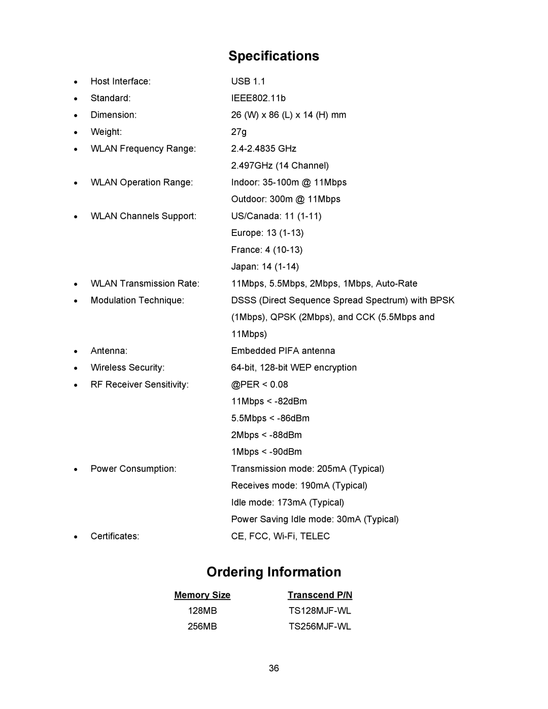 Transcend Information 128MB-256MB JetFlash user manual Ordering Information 