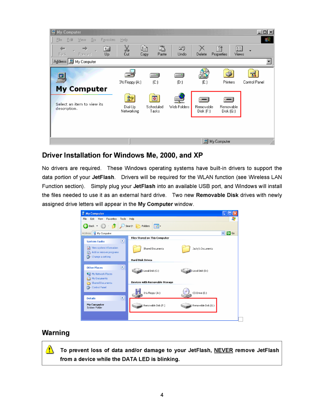 Transcend Information 128MB-256MB JetFlash user manual Driver Installation for Windows Me, 2000, and XP 