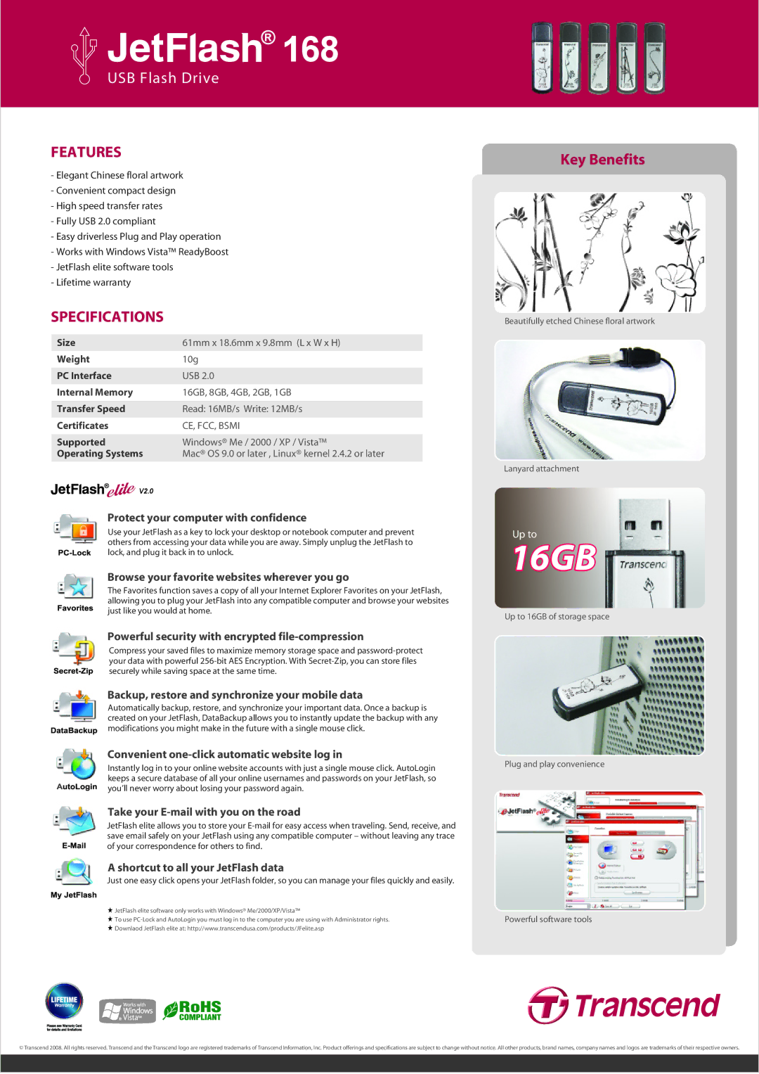 Transcend Information 168 warranty Features, Specifications 