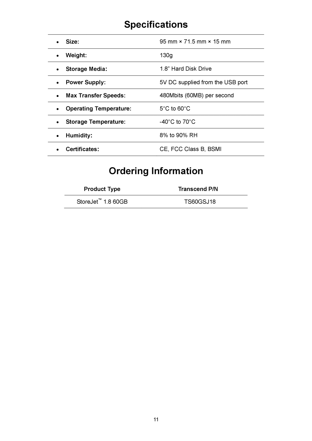 Transcend Information 1.8 user manual Specifications, Ordering Information 