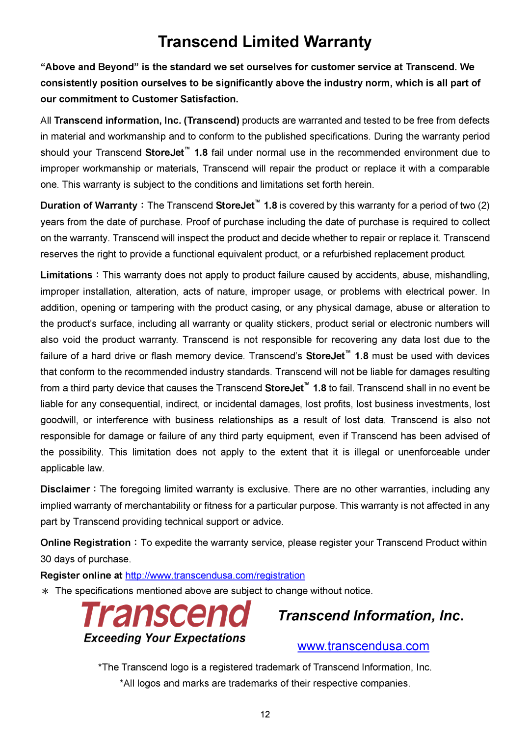 Transcend Information 1.8 user manual Transcend Limited Warranty, Transcend Information, Inc 