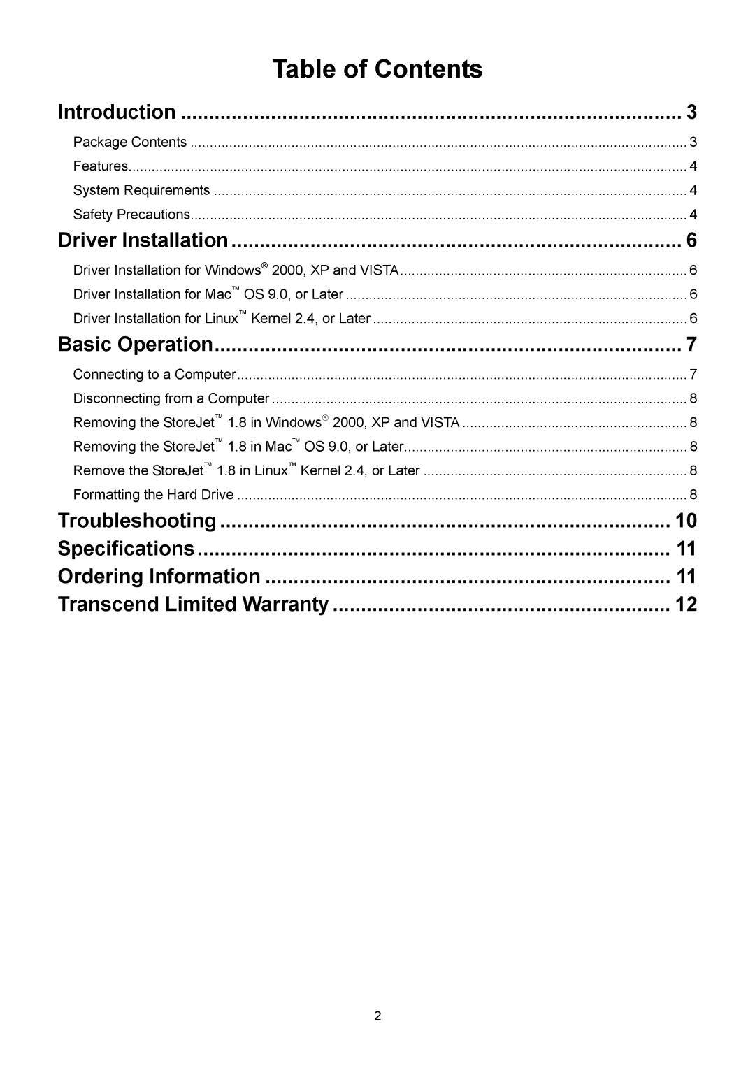 Transcend Information 1.8 user manual Table of Contents 