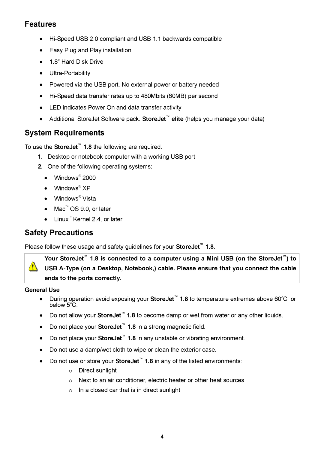 Transcend Information 1.8 user manual Features, System Requirements, Safety Precautions 