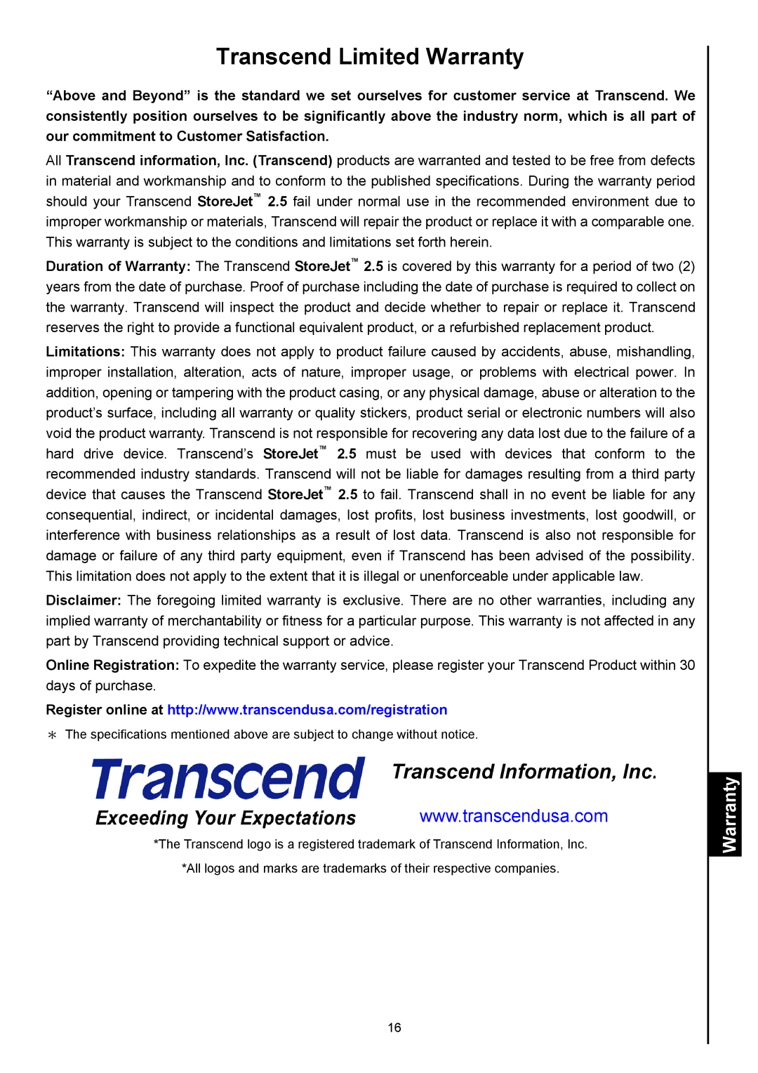 Transcend Information 2.5 IDE user manual Transcend Limited Warranty 