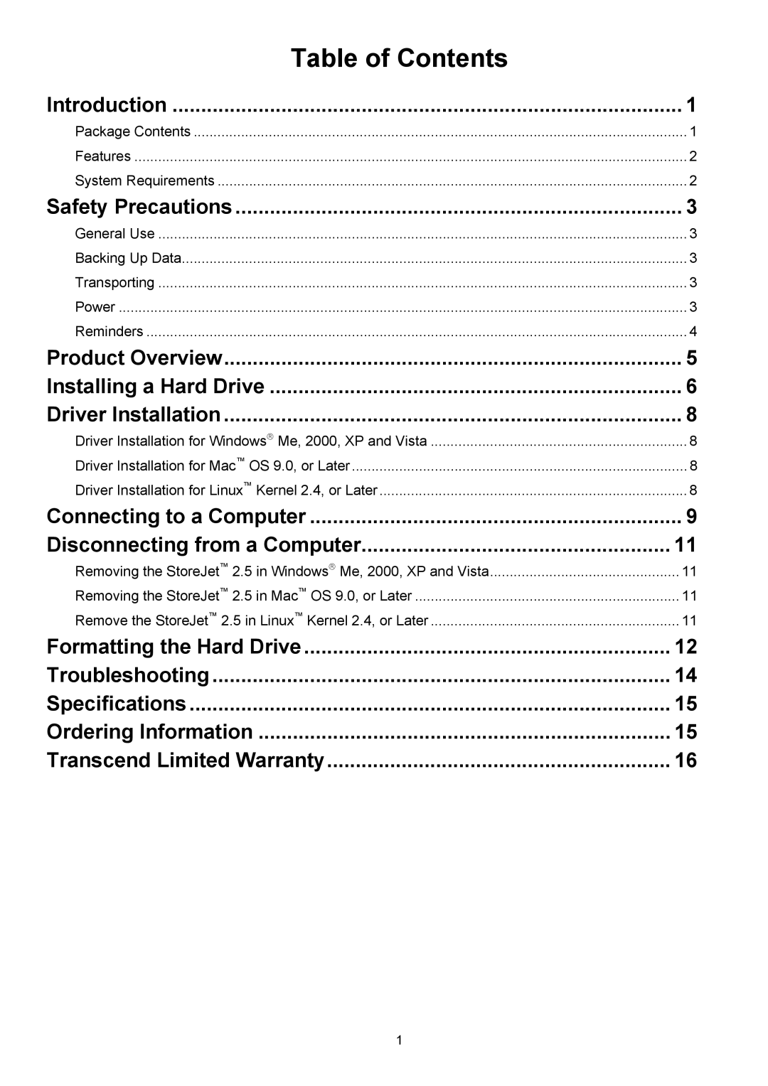 Transcend Information 2.5 IDE user manual Table of Contents 