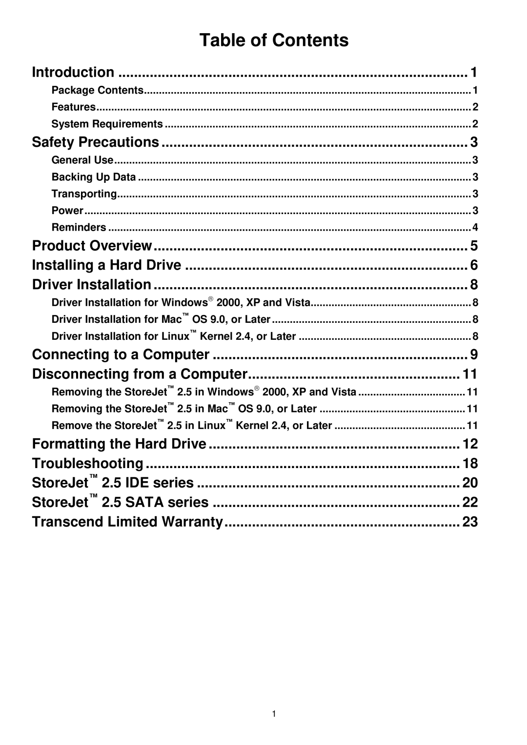 Transcend Information 25 user manual Table of Contents 