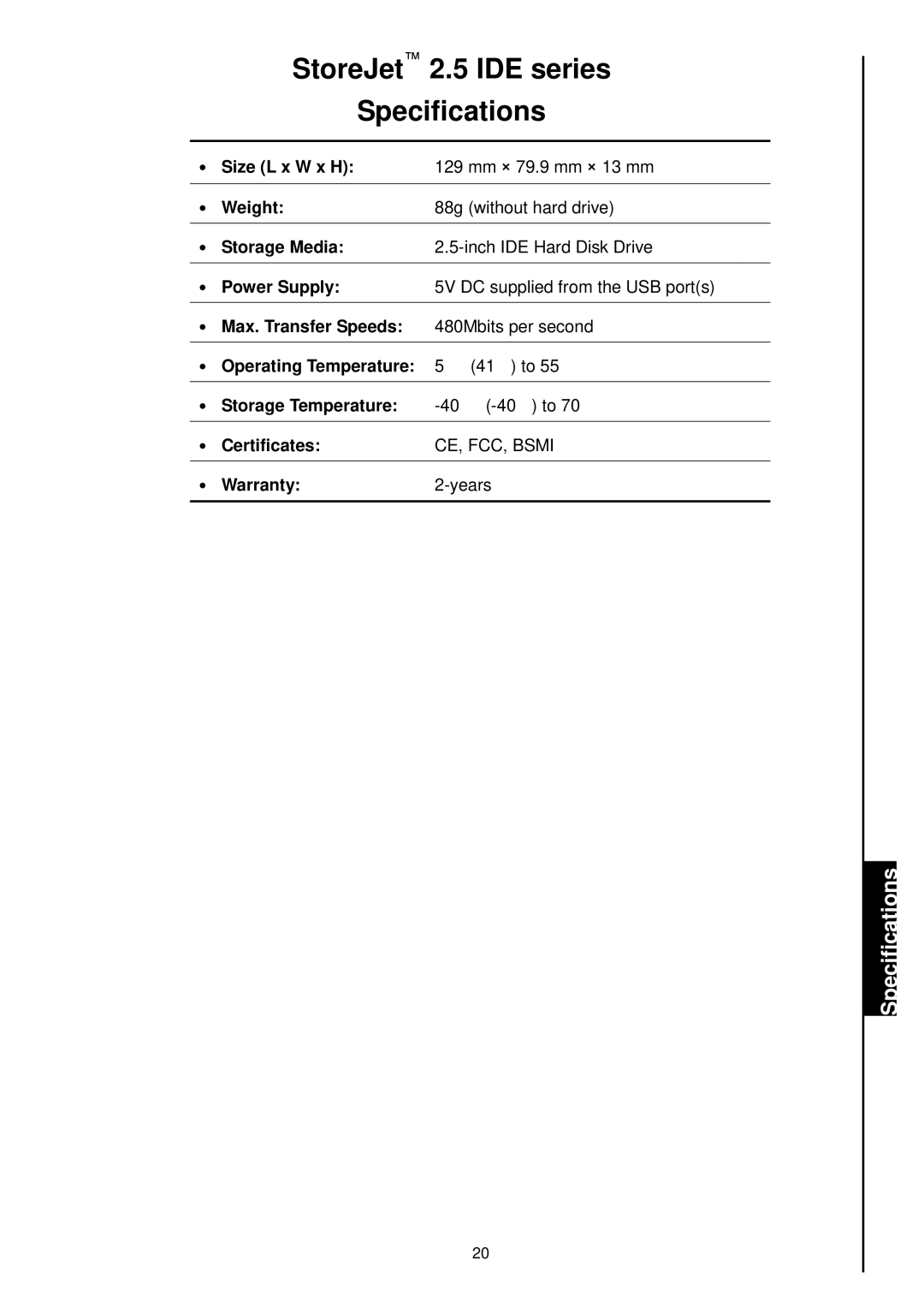 Transcend Information 25 user manual StoreJet 2.5 IDE series Specifications 