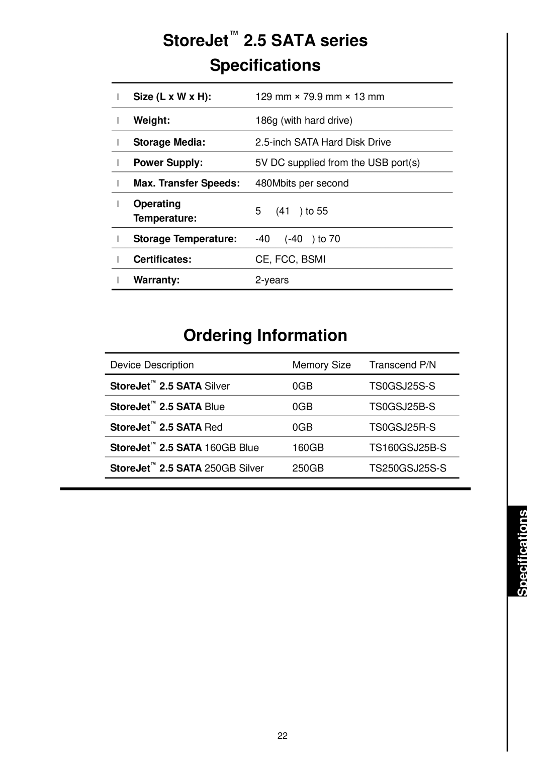 Transcend Information 25 user manual StoreJet 2.5 Sata series Specifications 