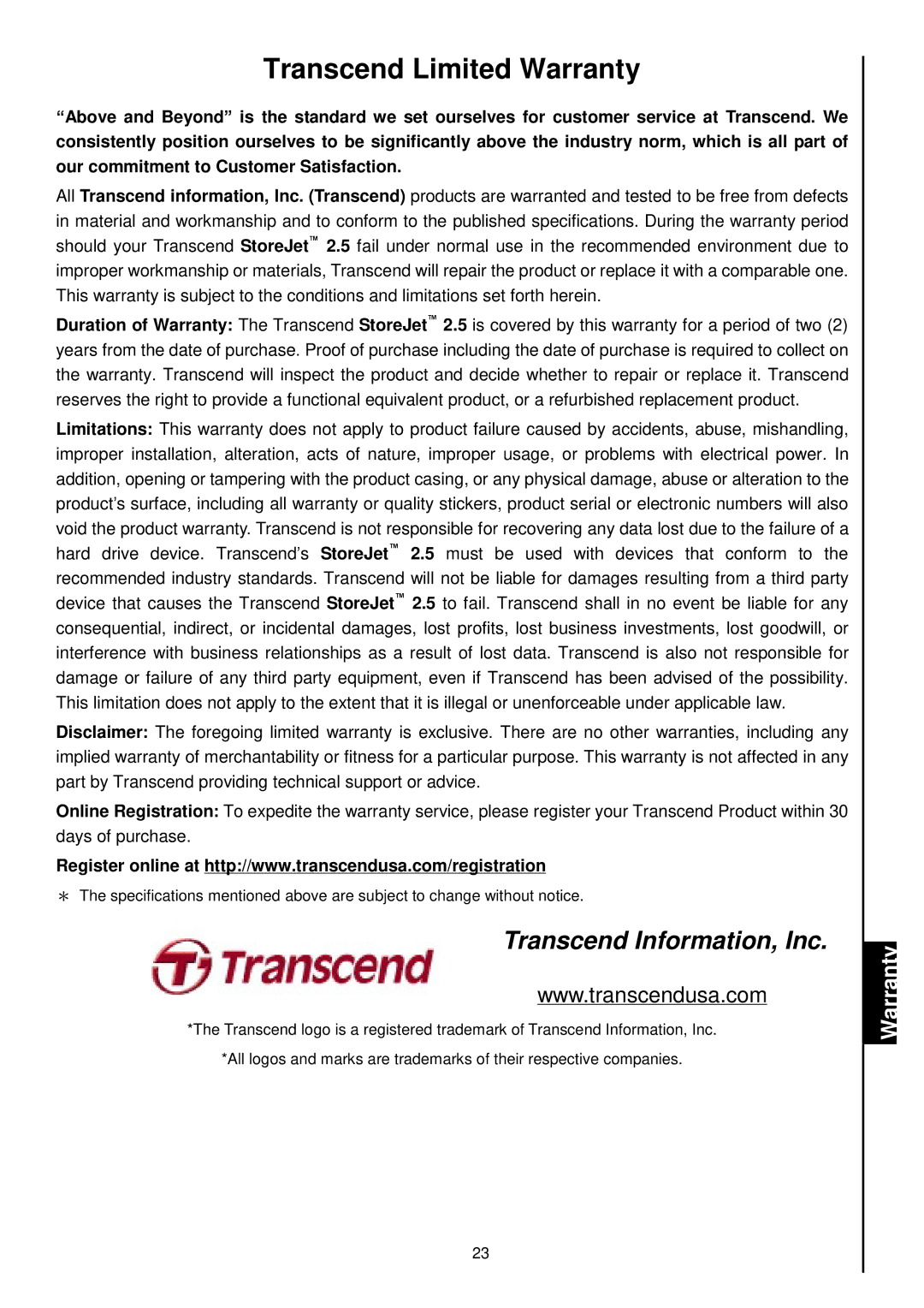 Transcend Information 25 user manual Transcend Limited Warranty 