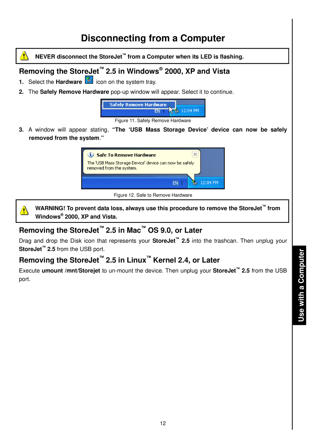 Transcend Information Disconnecting from a Computer, Removing the StoreJet 2.5 in Windows→ 2000, XP and Vista 