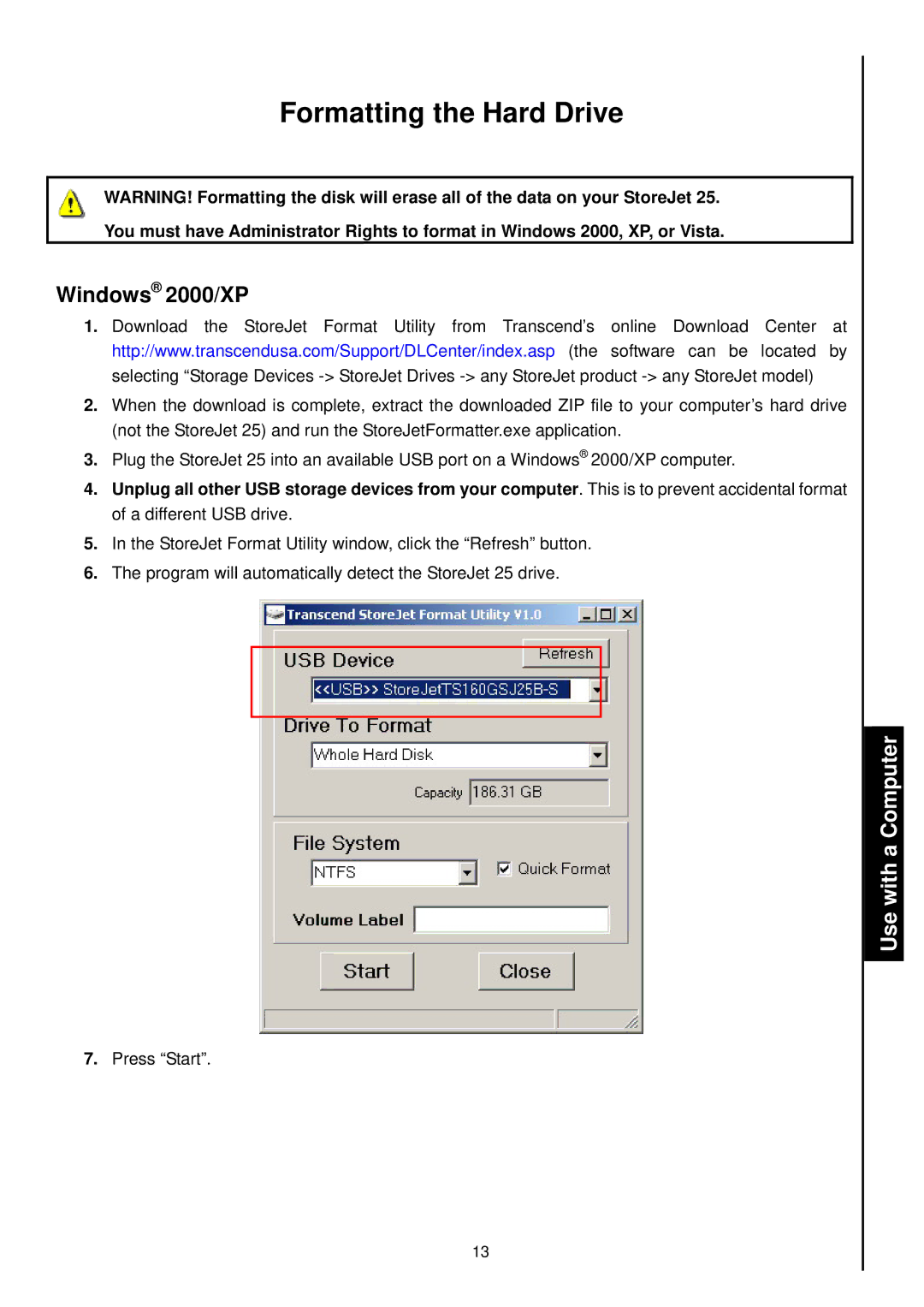 Transcend Information 2.5 user manual Formatting the Hard Drive, Windows 2000/XP 