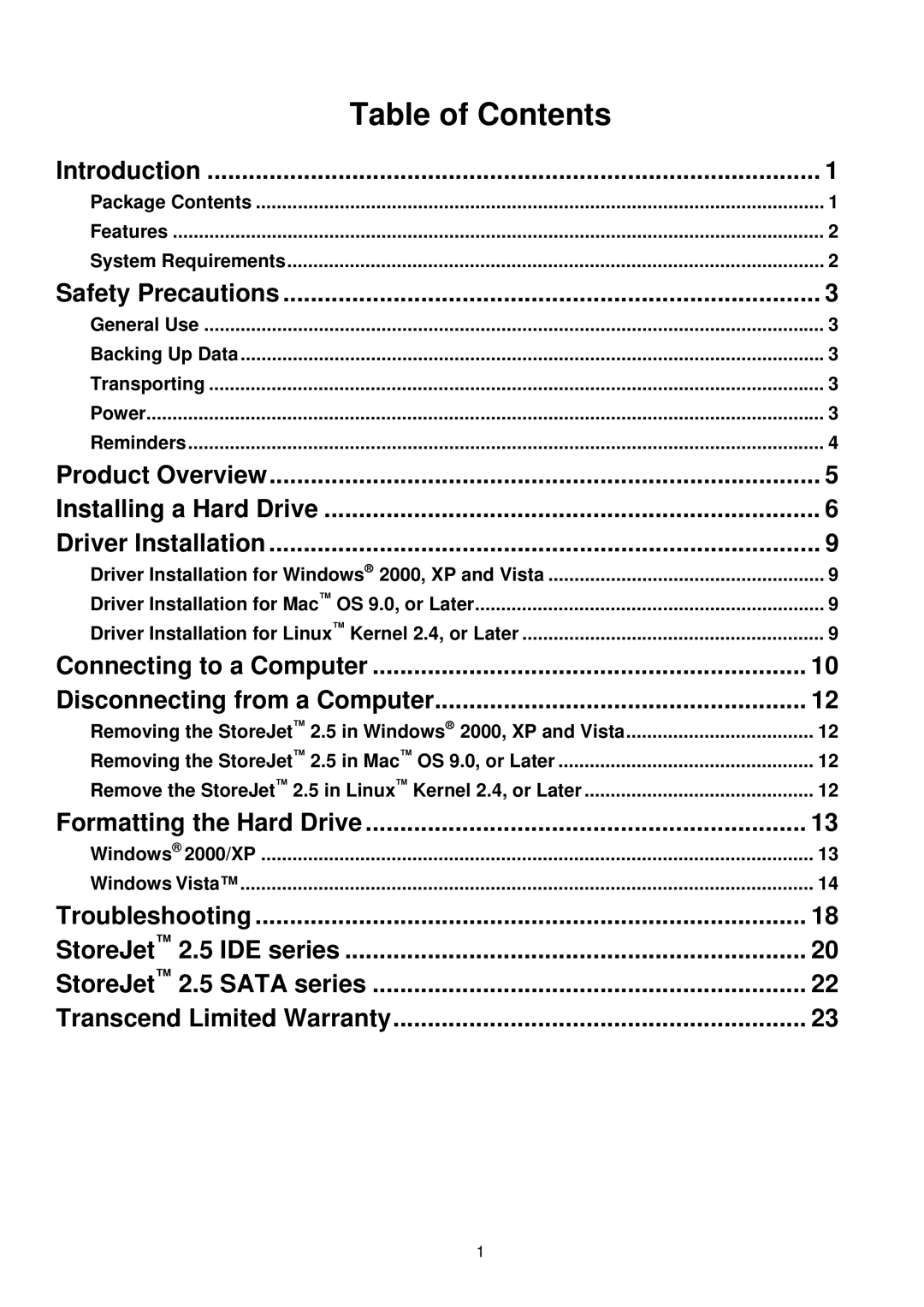 Transcend Information 2.5 user manual Table of Contents 