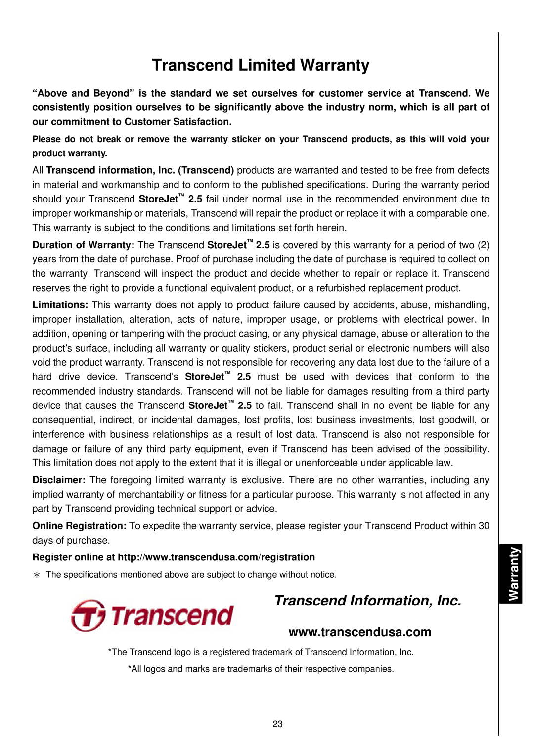 Transcend Information 2.5 user manual Transcend Limited Warranty 