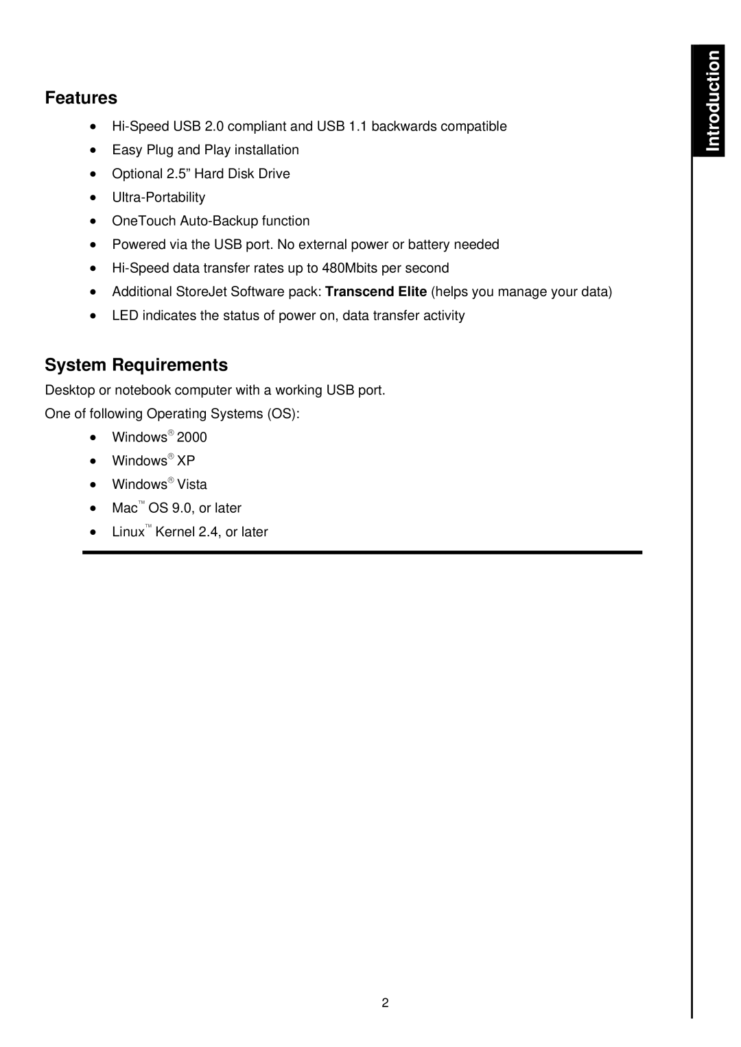 Transcend Information 2.5 user manual Features, System Requirements 