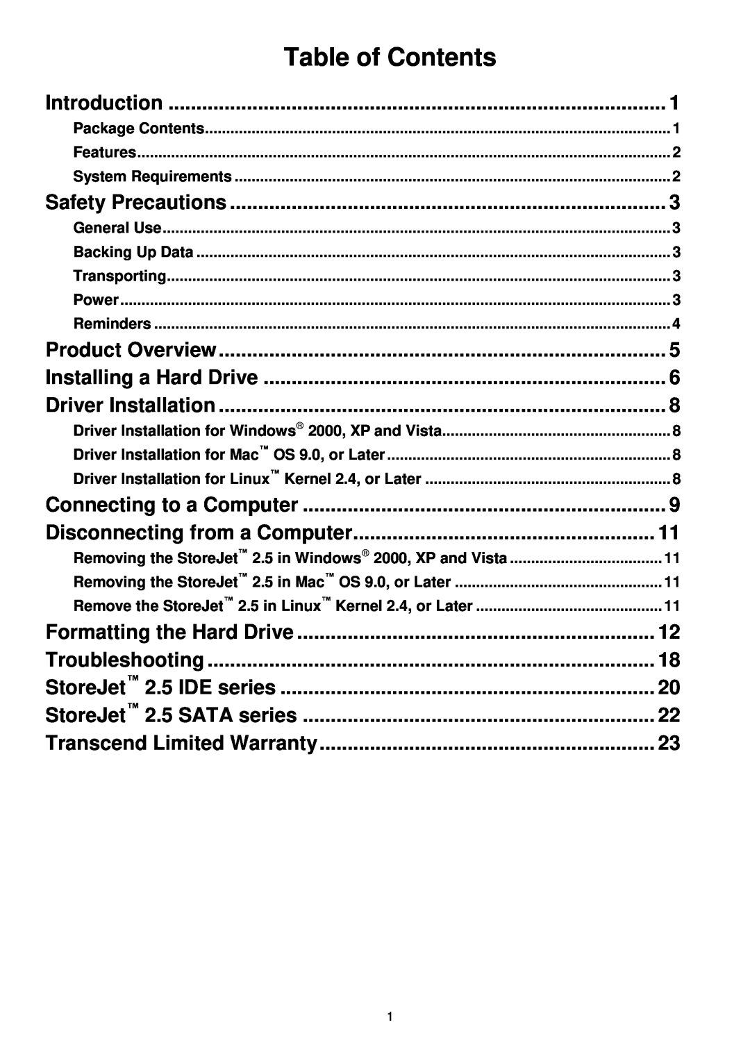 Transcend Information 25 Introduction, Safety Precautions, Product Overview, Driver Installation, Table of Contents 
