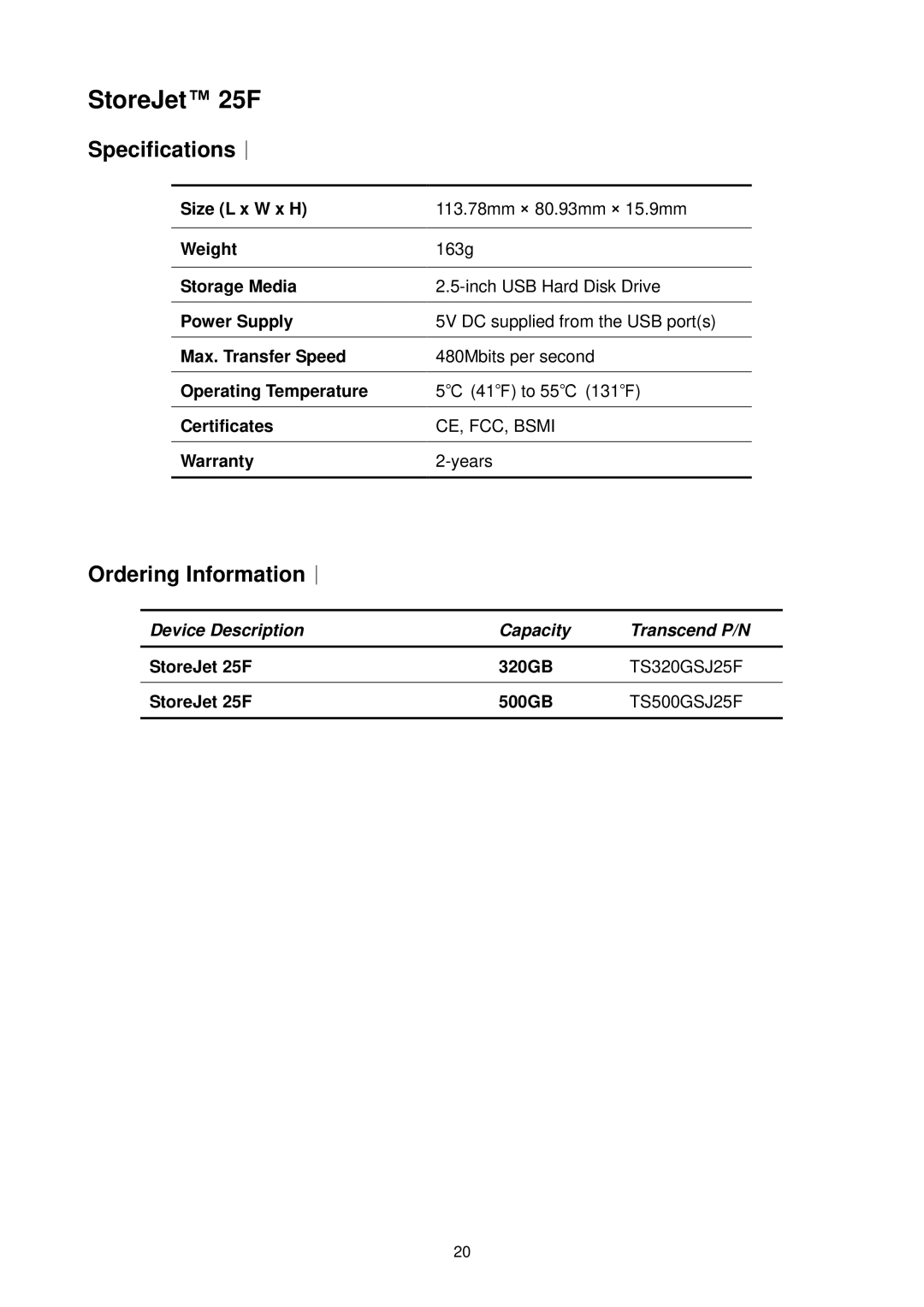 Transcend Information 25F user manual Specifications︱, Ordering Information︱ 