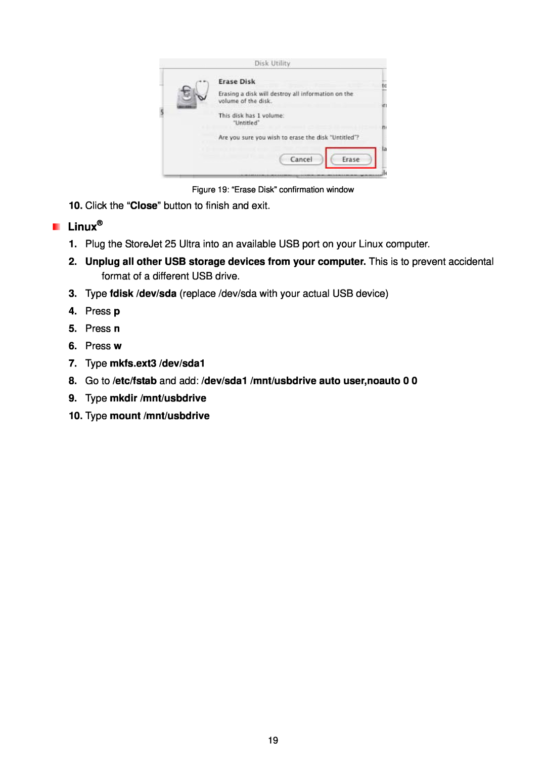 Transcend Information 25P Type mkfs.ext3 /dev/sda1, Type mkdir /mnt/usbdrive 10. Type mount /mnt/usbdrive, Linux 