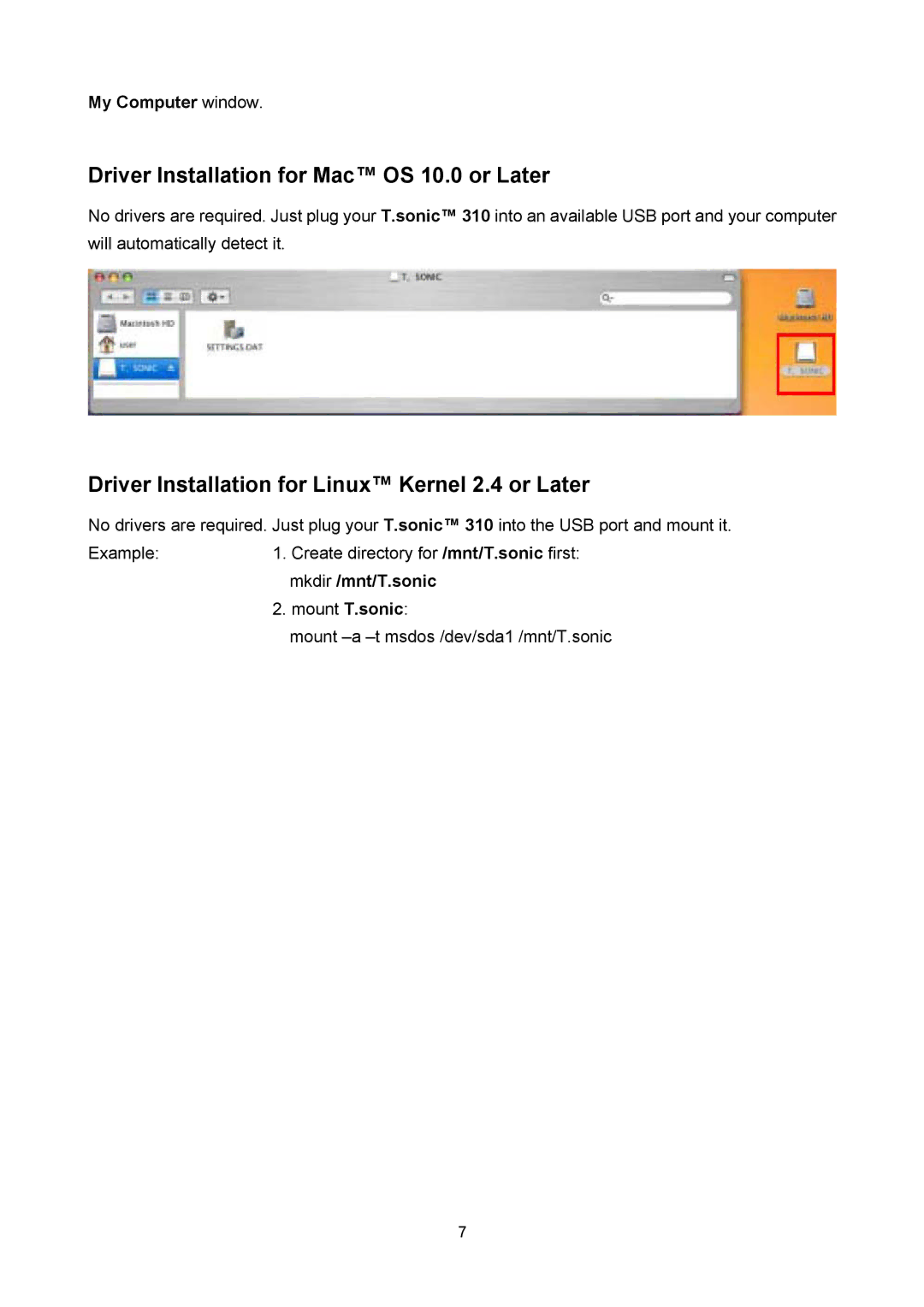 Transcend Information 310 Driver Installation for Mac OS 10.0 or Later, Driver Installation for Linux Kernel 2.4 or Later 