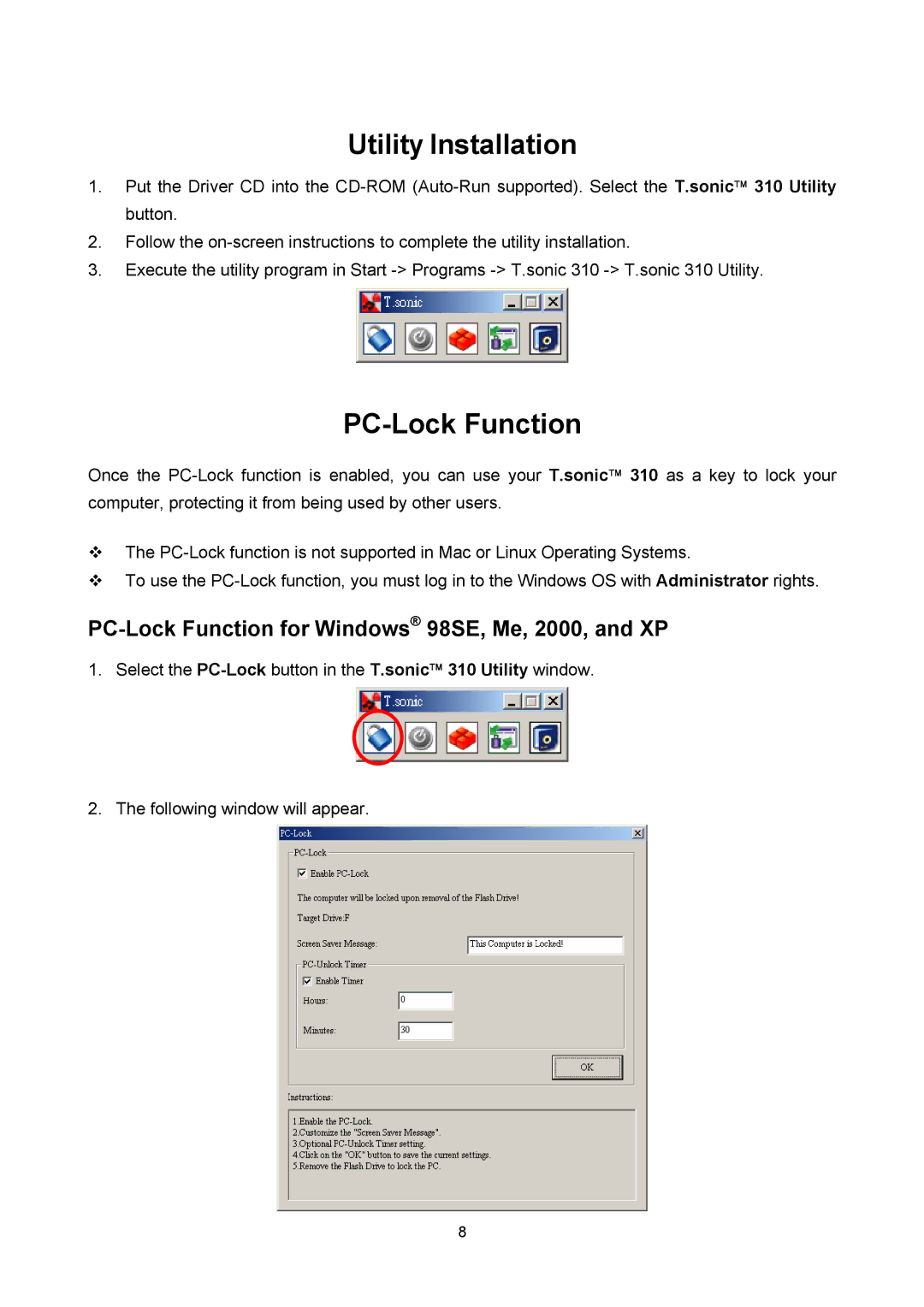 Transcend Information 310 user manual Utility Installation, PC-Lock Function for Windows 98SE, Me, 2000, and XP 