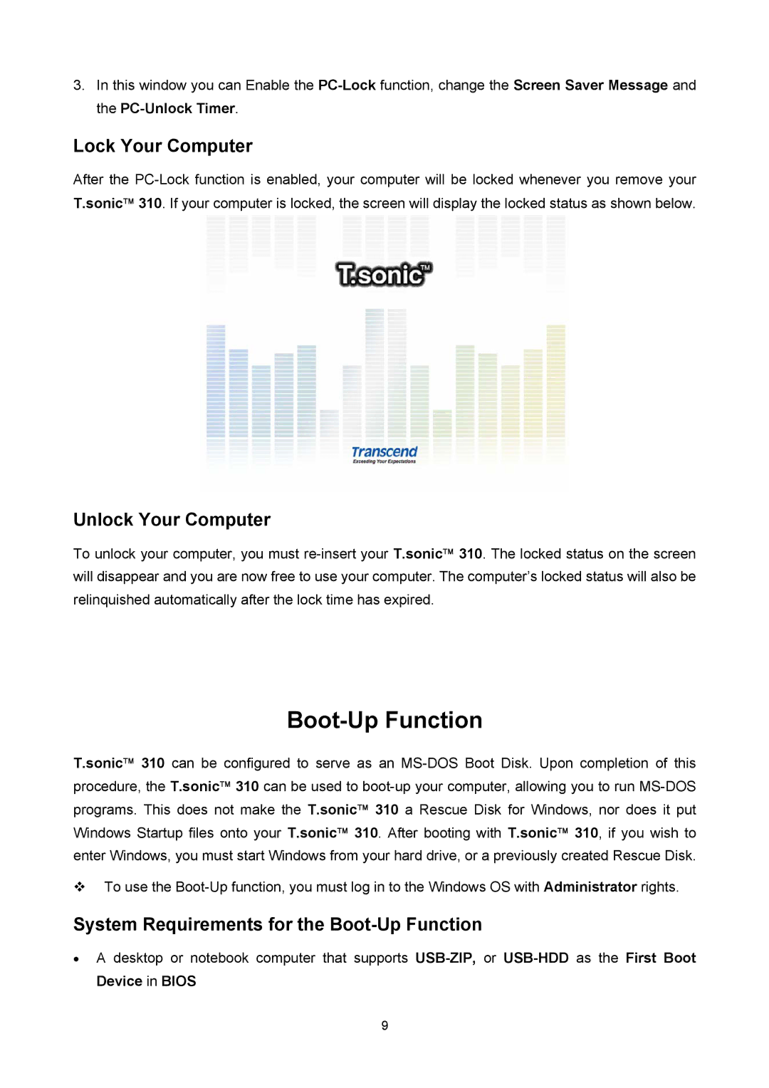 Transcend Information 310 user manual Boot-Up Function, Lock Your Computer, Unlock Your Computer 