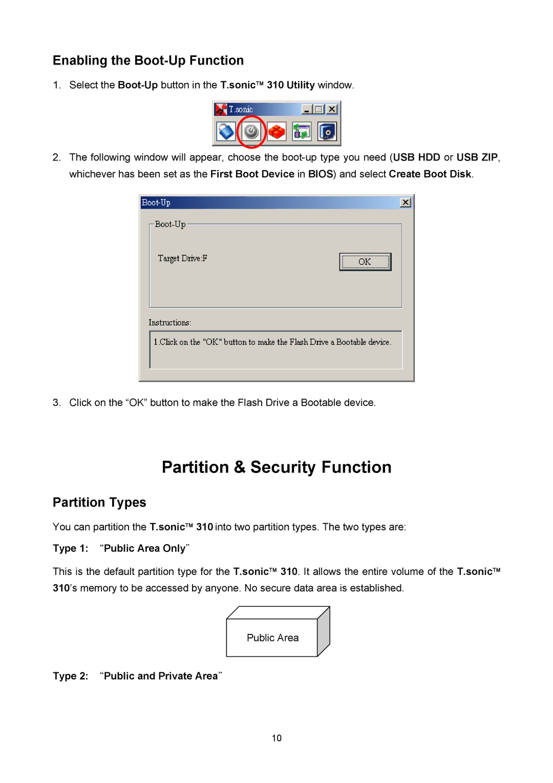 Transcend Information 310 user manual Partition & Security Function, Enabling the Boot-Up Function, Partition Types 