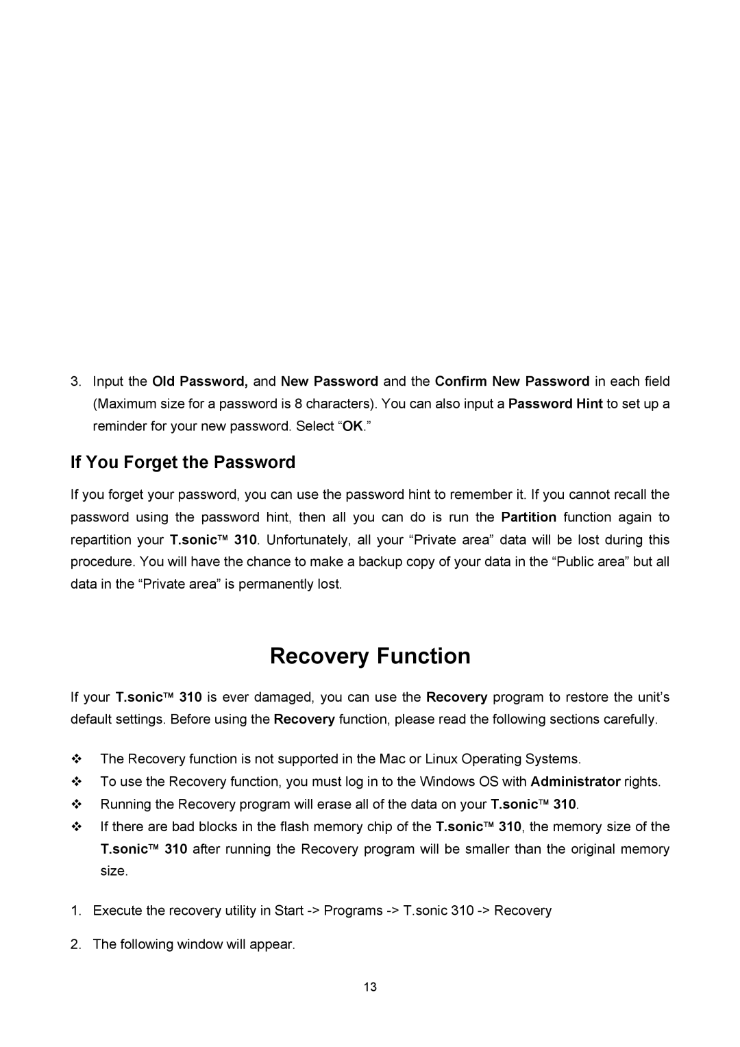 Transcend Information 310 user manual Recovery Function, If You Forget the Password 