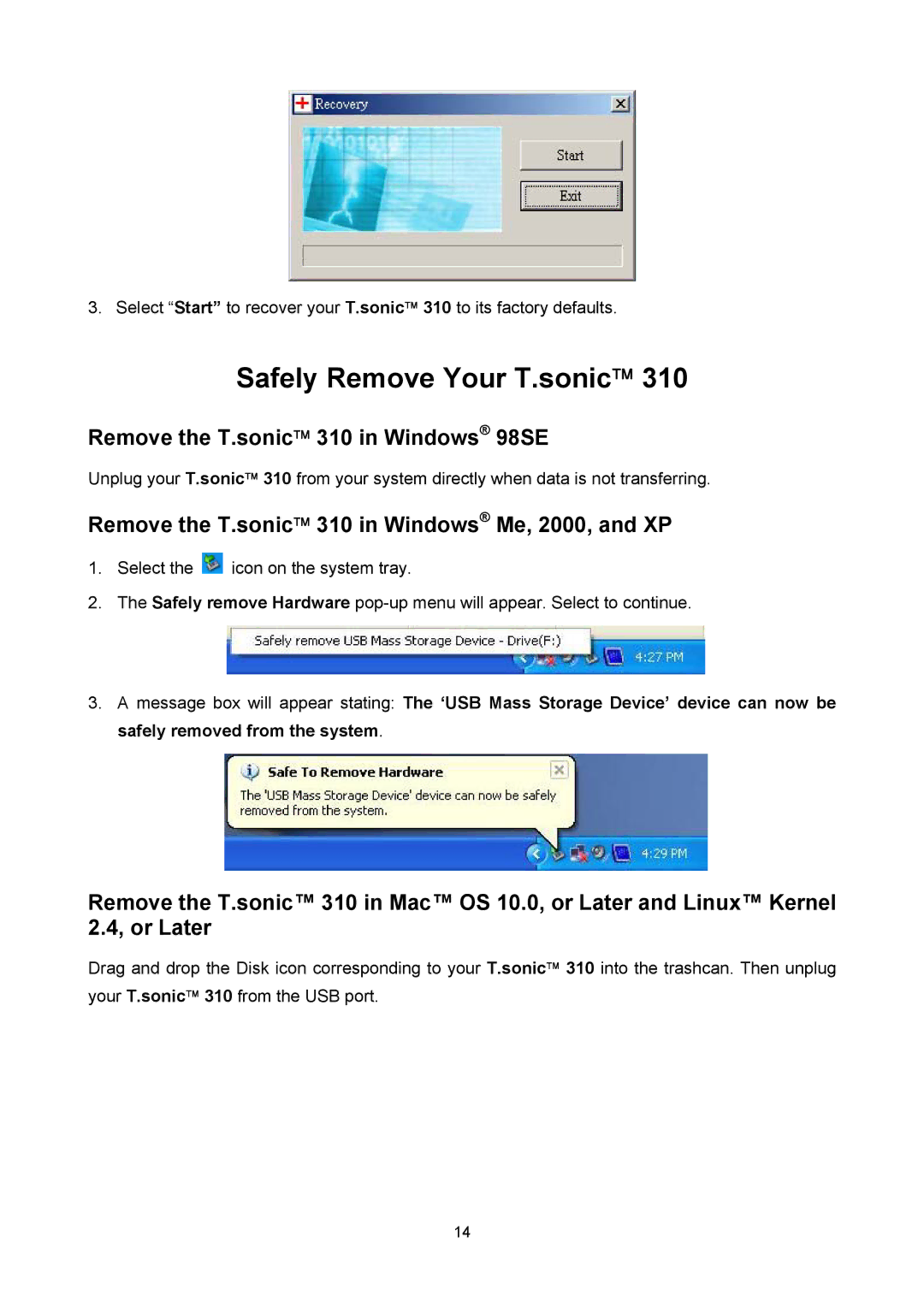 Transcend Information user manual Safely Remove Your T.sonic, Remove the T.sonic 310 in Windows 98SE 