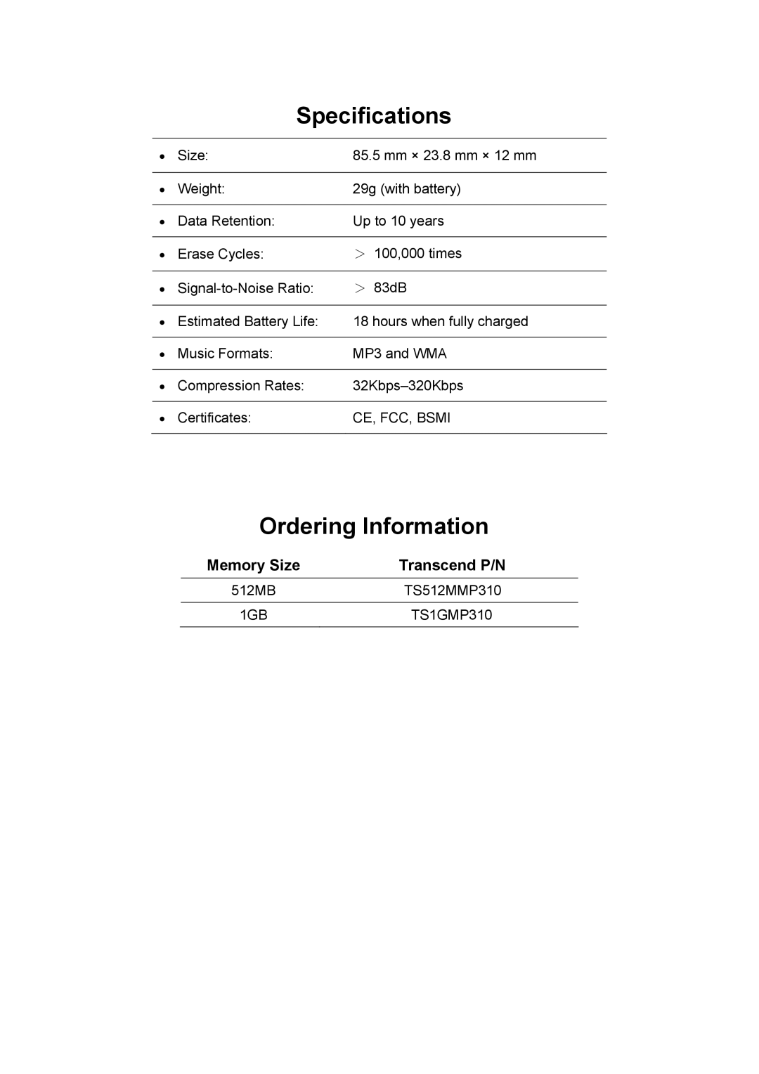 Transcend Information 310 user manual Specifications, Ordering Information 