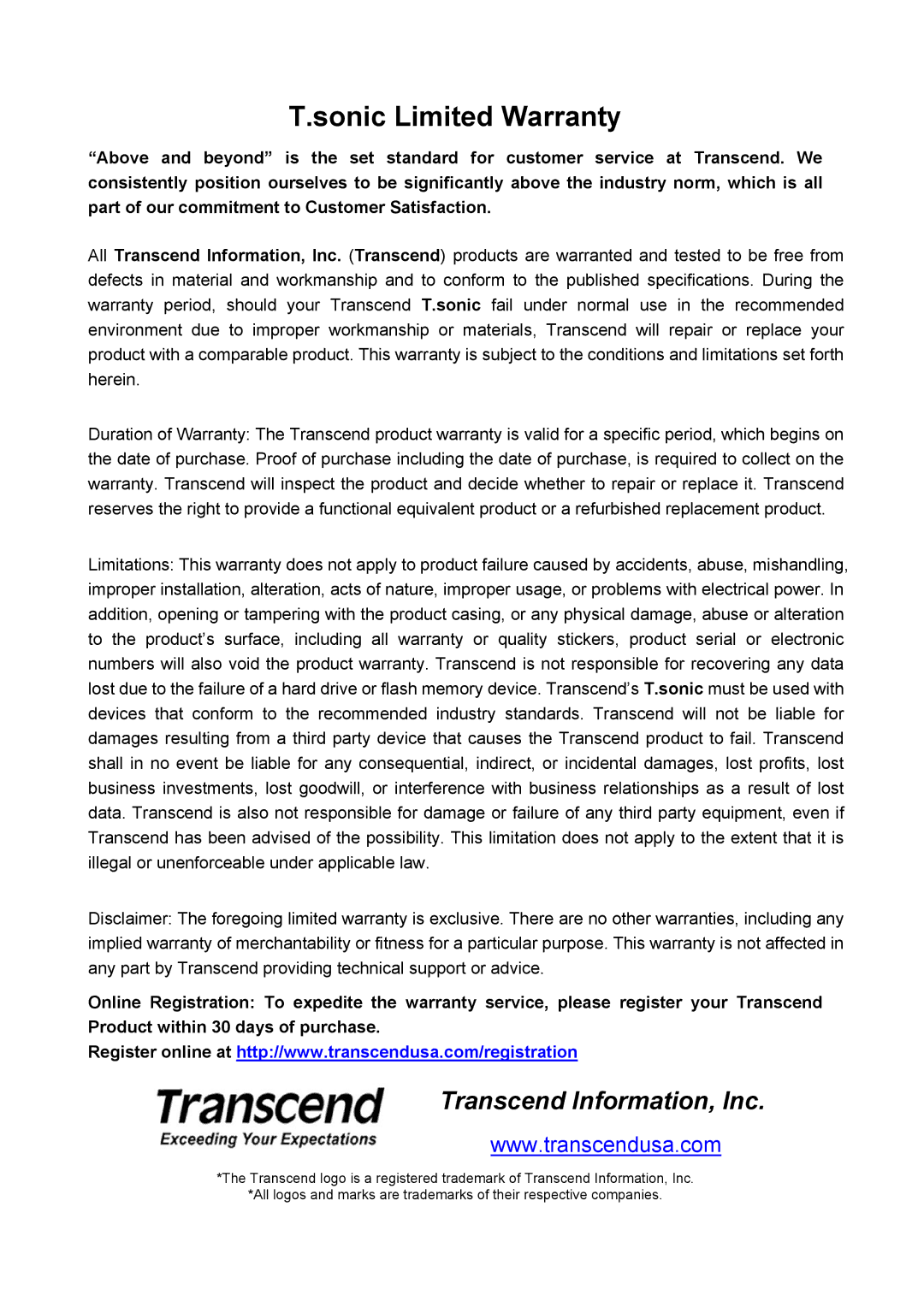 Transcend Information 310 user manual Sonic Limited Warranty, Transcend Information, Inc 