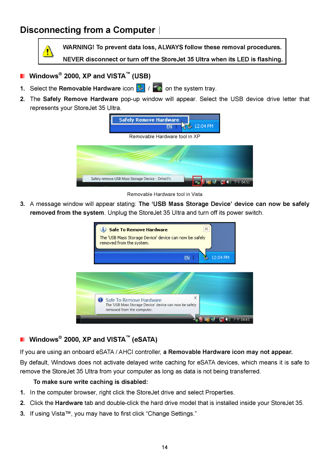 Transcend Information 35 Ultra user manual Disconnecting from a Computer︱, Windows→ 2000, XP and Vista USB 