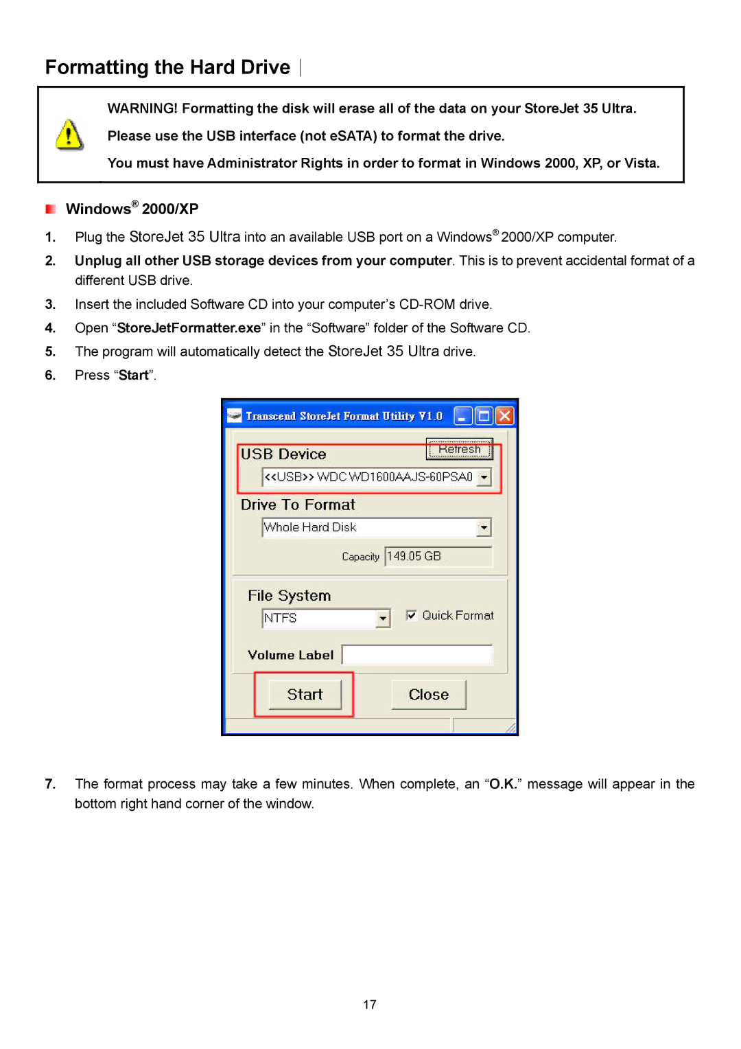 Transcend Information 35 Ultra user manual Formatting the Hard Drive︱, Windows 2000/XP 