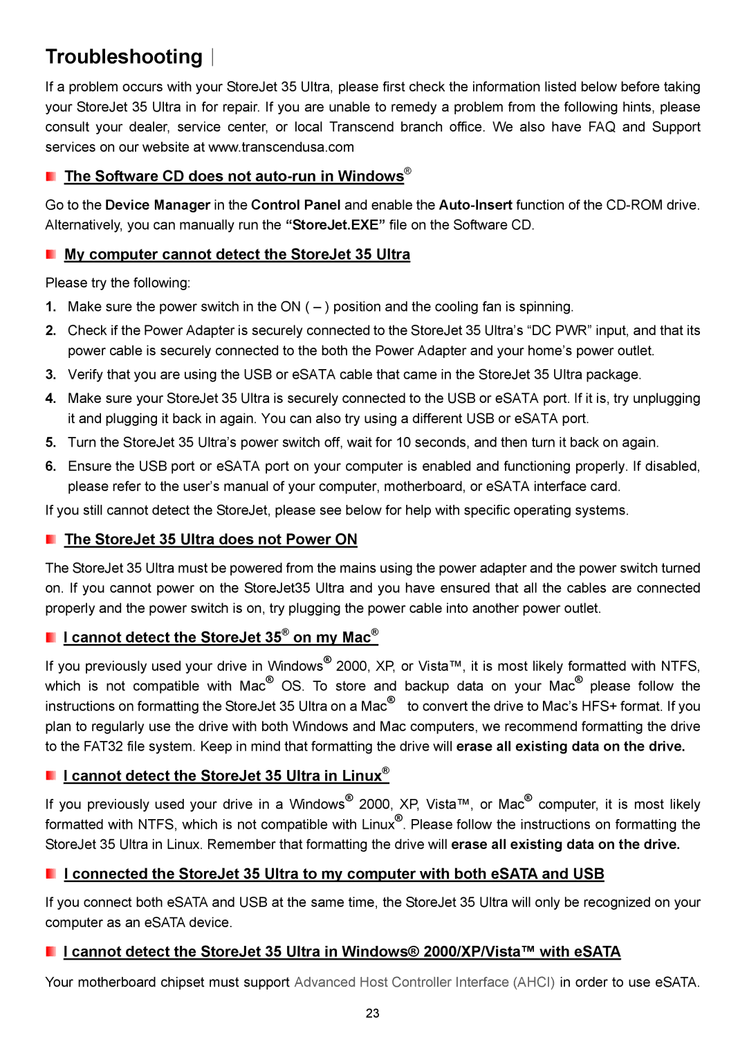 Transcend Information 35 Ultra user manual Troubleshooting︱ 