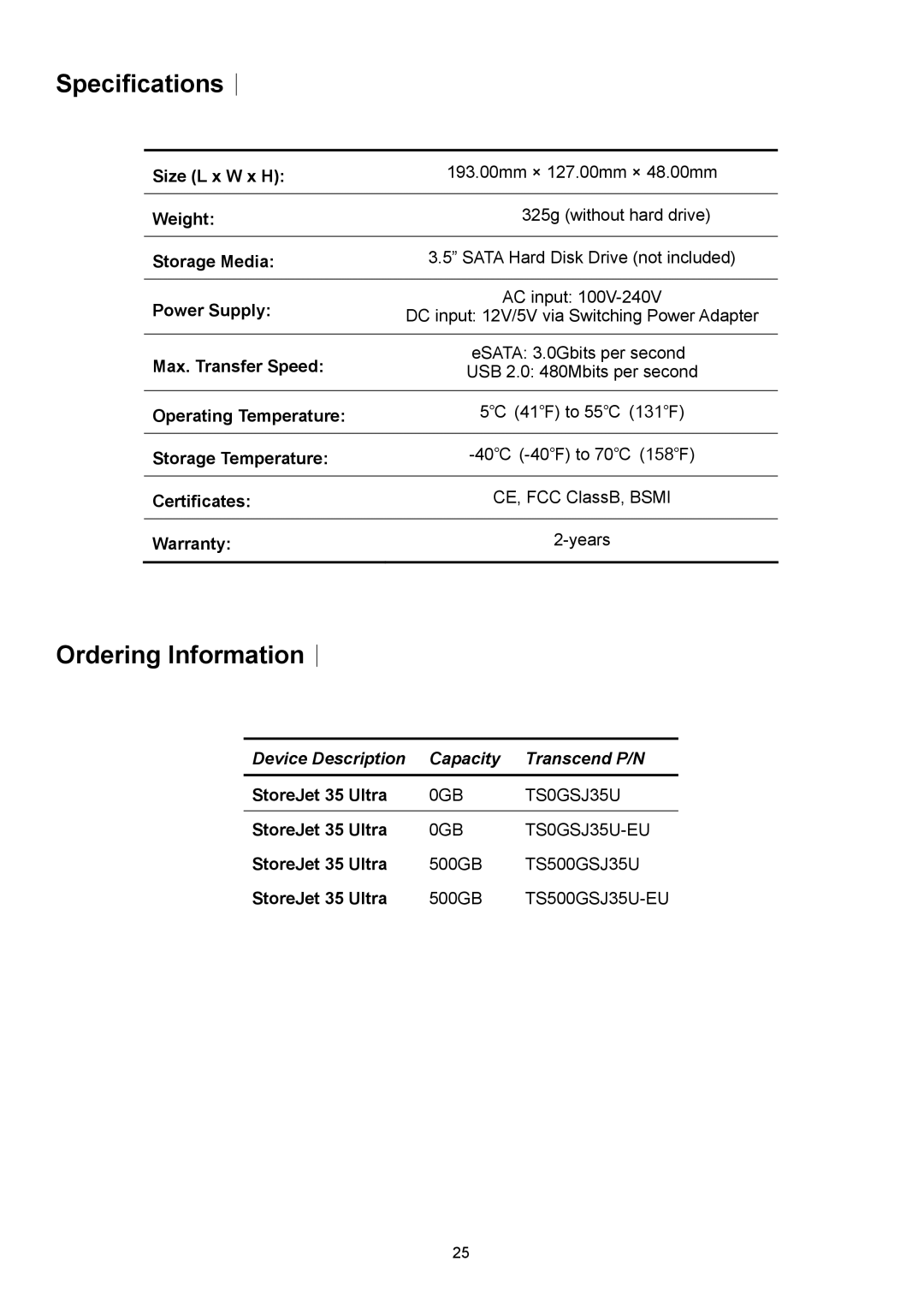 Transcend Information 35 Ultra user manual Specifications︱, Ordering Information︱ 