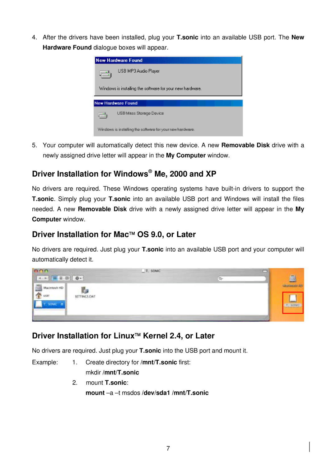 Transcend Information 510 Driver Installation for Windows Me, 2000 and XP, Driver Installation for Mac OS 9.0, or Later 