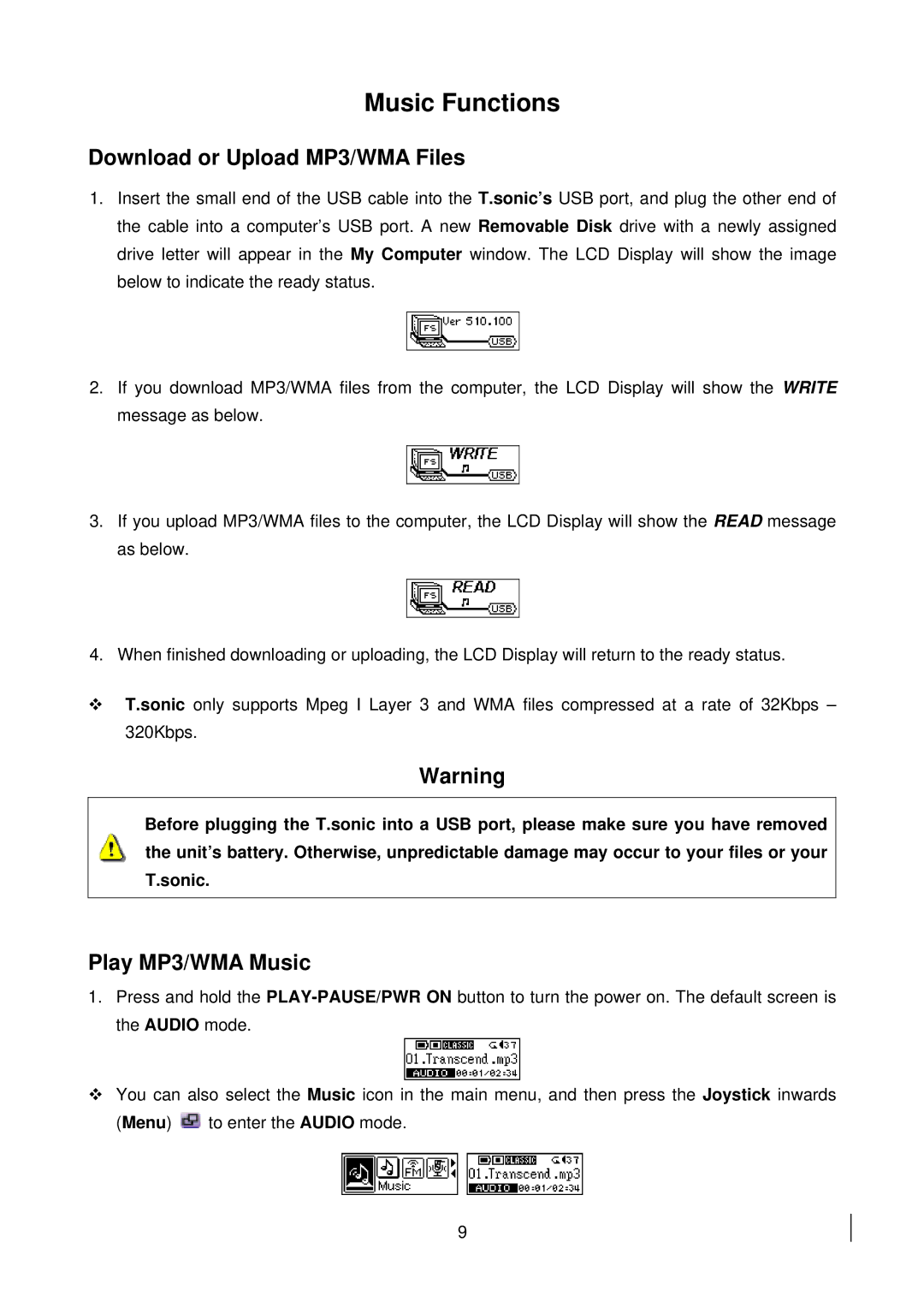 Transcend Information 510 user manual Music Functions, Download or Upload MP3/WMA Files, Play MP3/WMA Music 