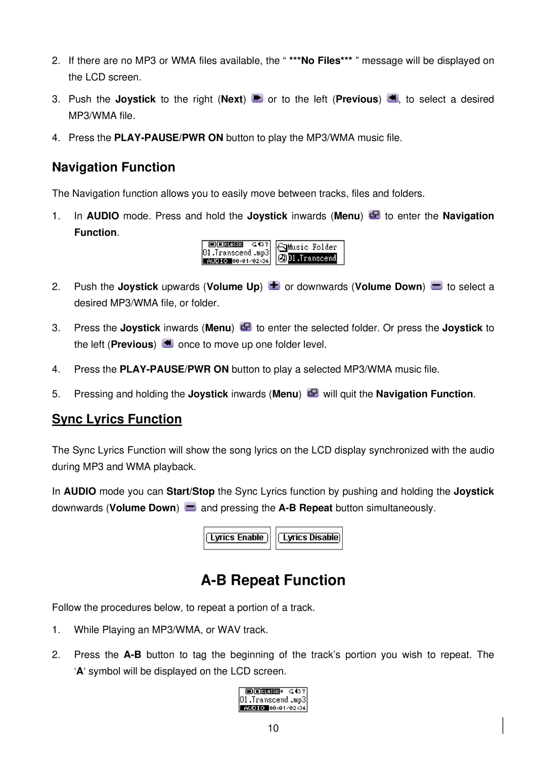 Transcend Information 510 user manual Repeat Function, Navigation Function, Sync Lyrics Function 