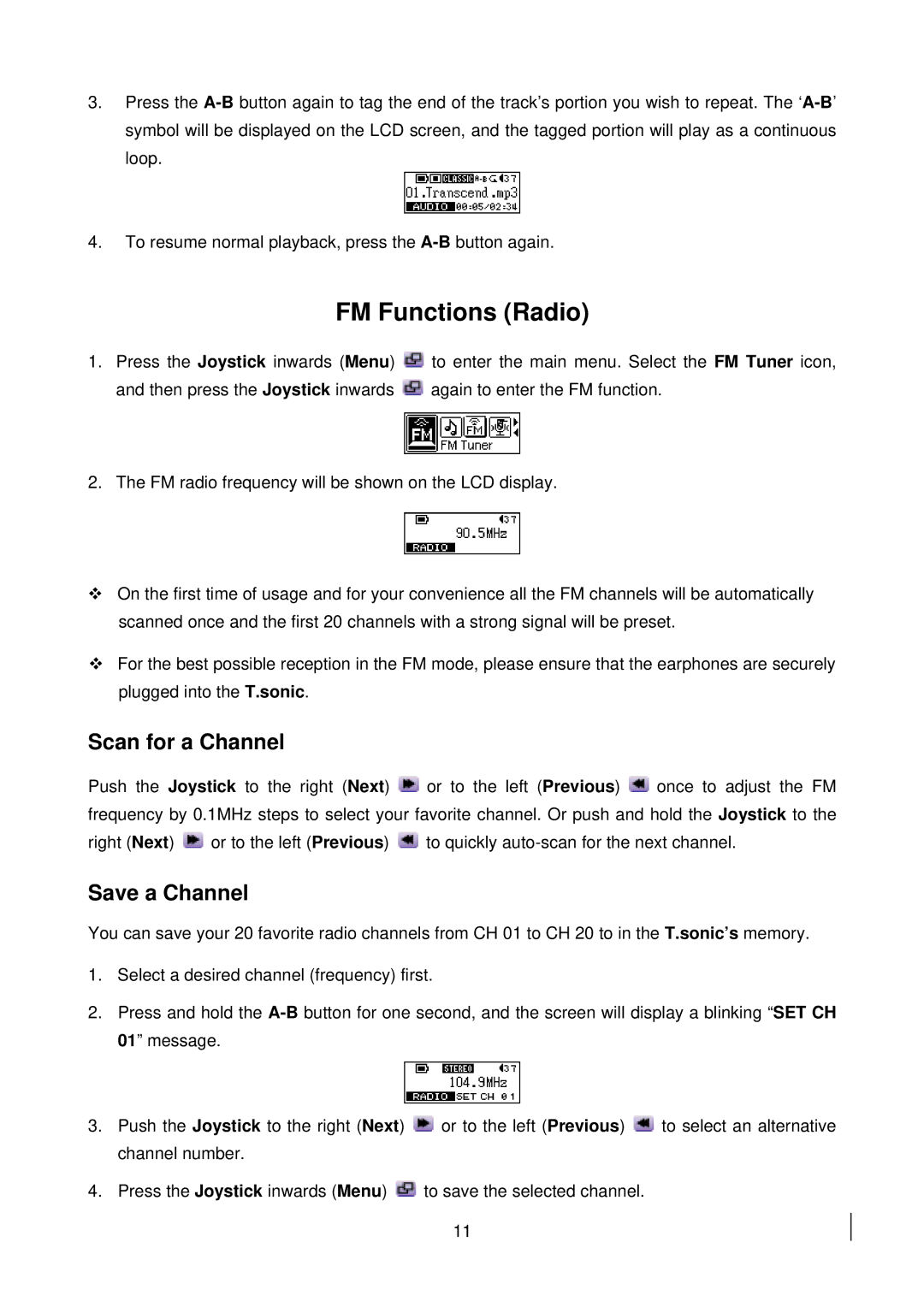 Transcend Information 510 user manual FM Functions Radio, Scan for a Channel, Save a Channel 