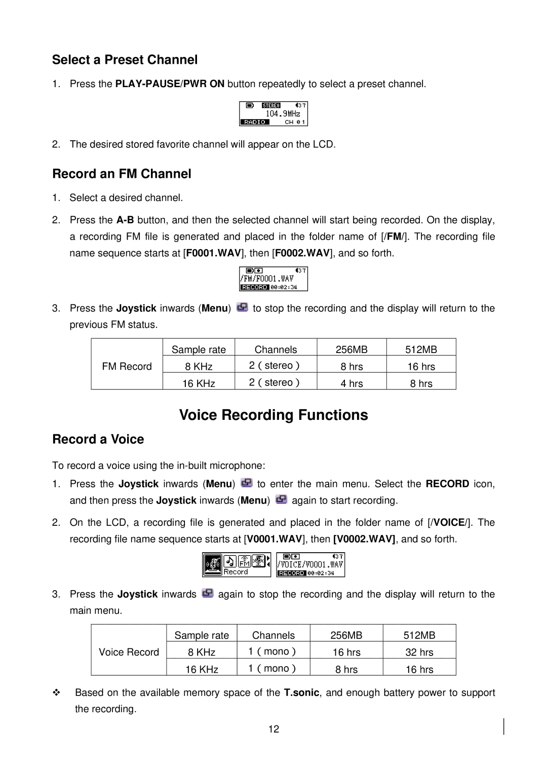 Transcend Information 510 Voice Recording Functions, Select a Preset Channel, Record an FM Channel, Record a Voice 