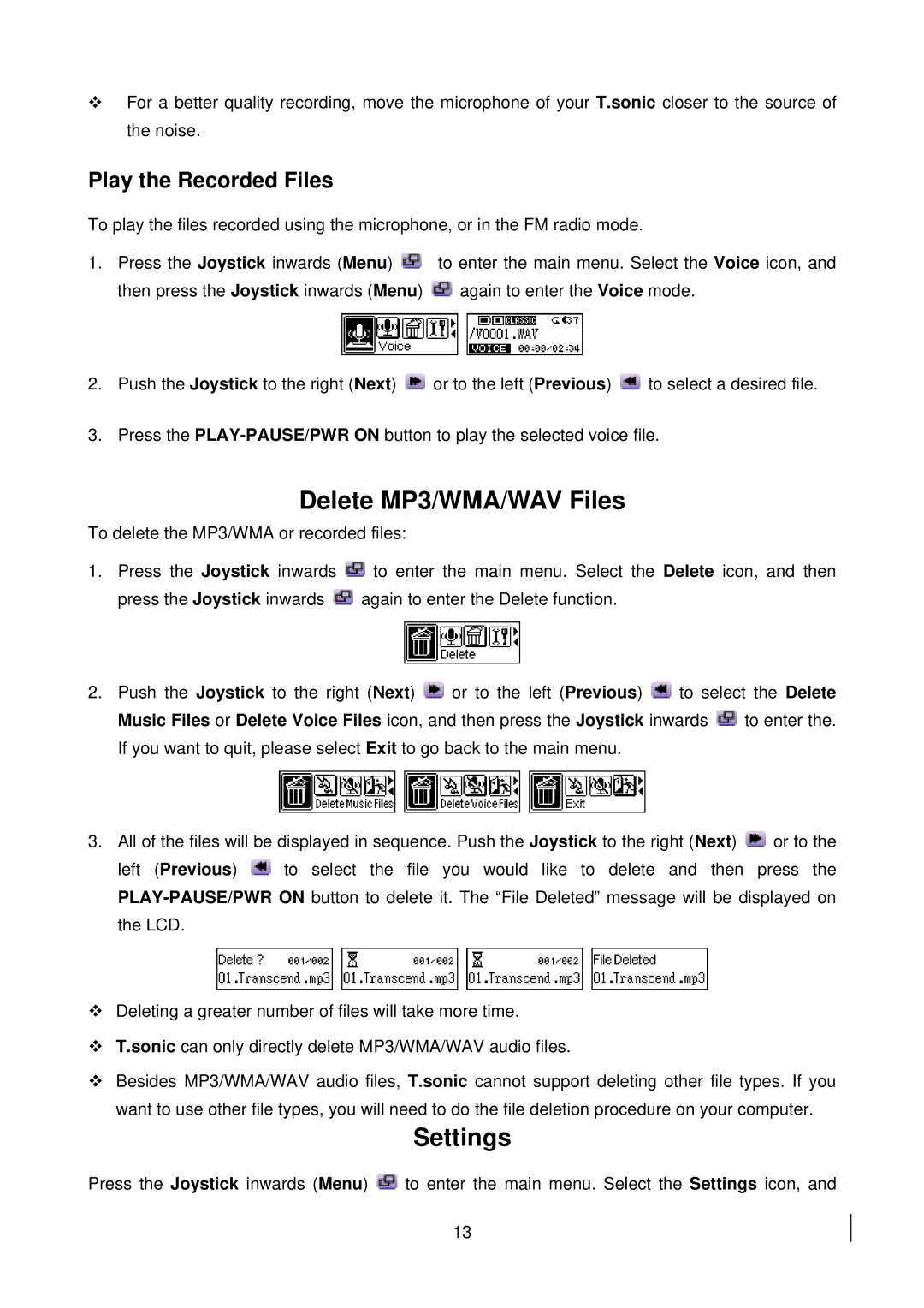 Transcend Information 510 user manual Delete MP3/WMA/WAV Files, Settings, Play the Recorded Files 