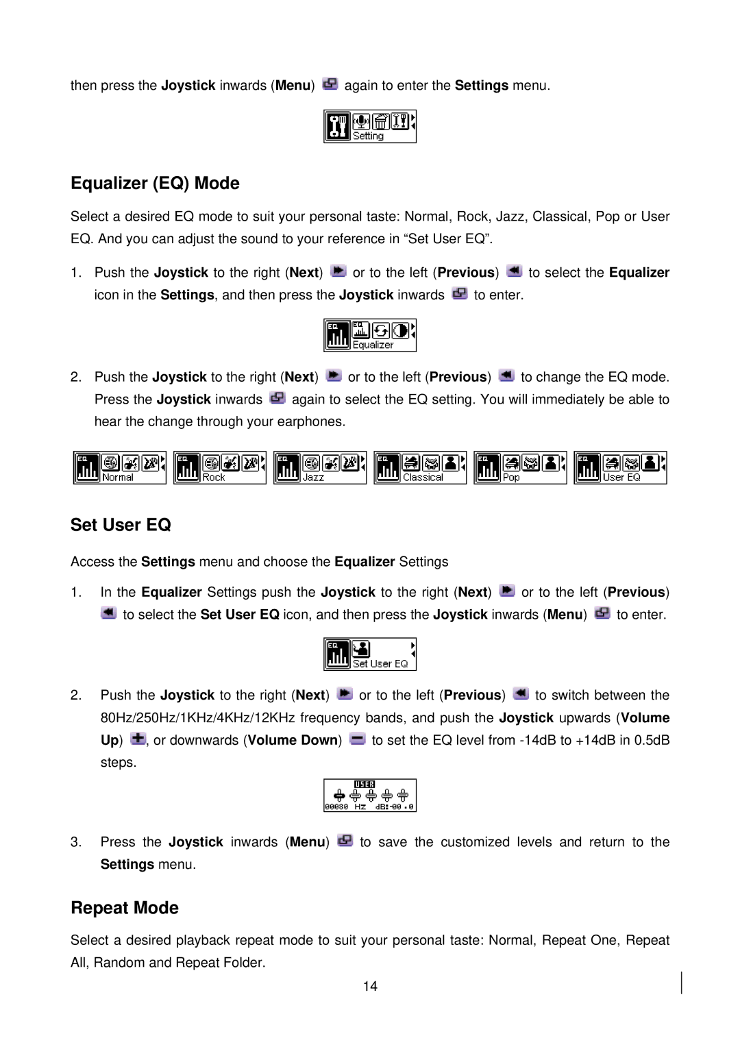 Transcend Information 510 user manual Equalizer EQ Mode, Set User EQ, Repeat Mode 